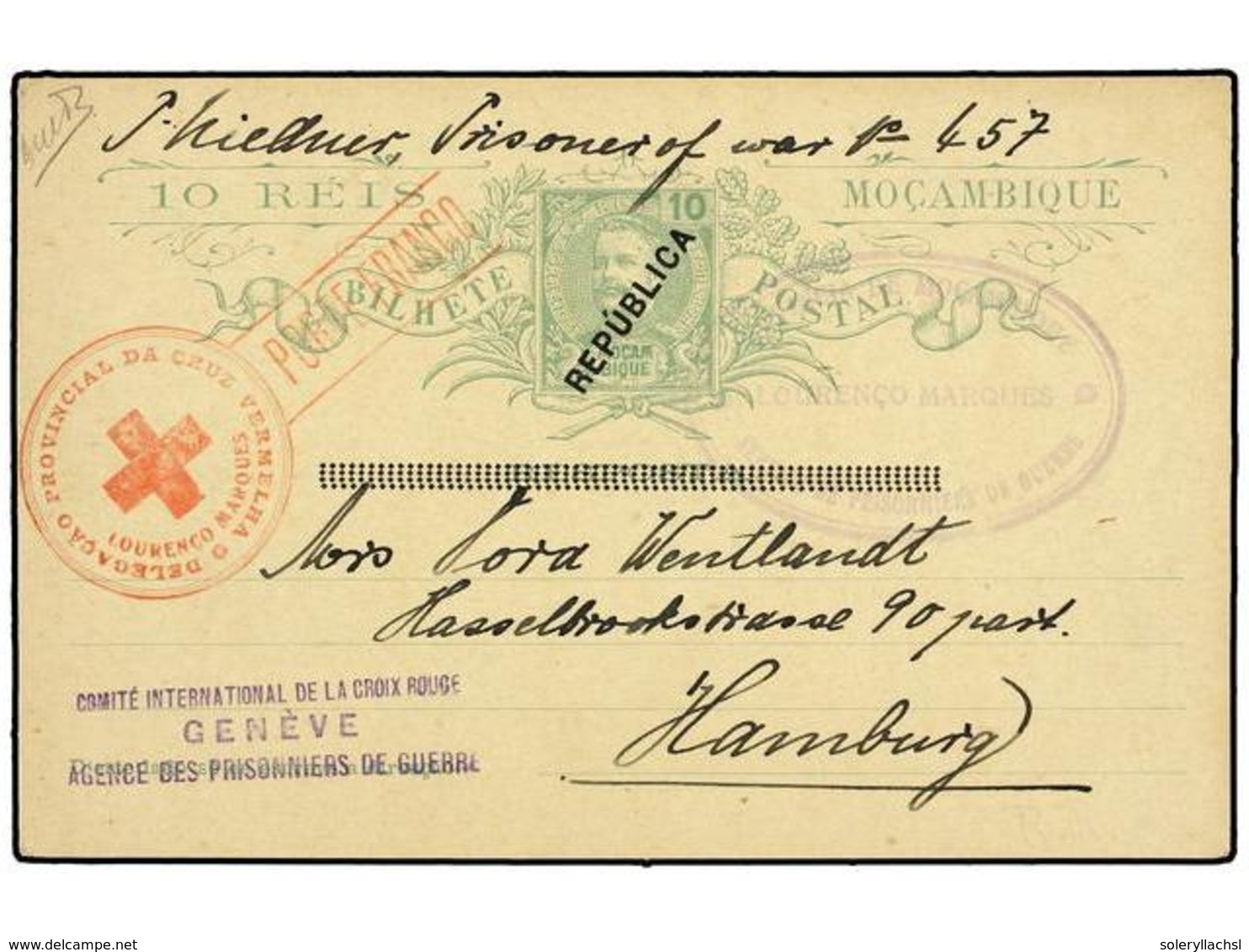 1156 COLONIAS PORTUGUESAS. 1916. <B>MOZAMBIQUE. </B>LOURENÇO MARQUES A HAMBURGO. Entero Postal De <B>10 Pts.</B> Verde M - Autres & Non Classés