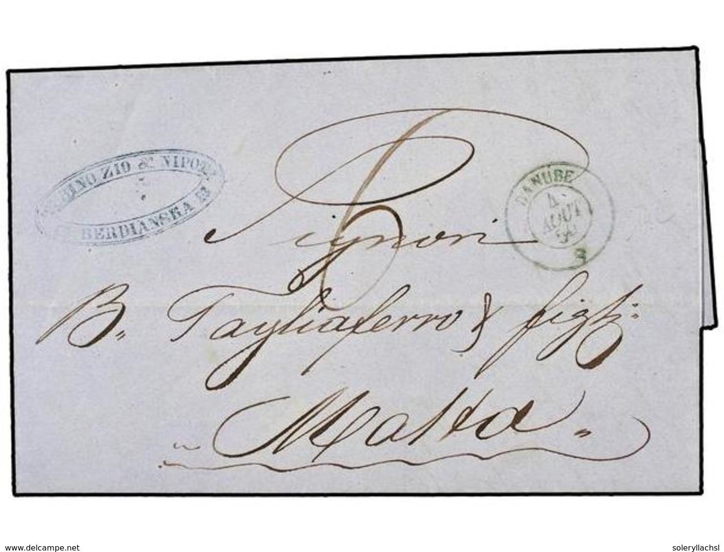 1166 RUSIA. 1859. BERDIANSKA (Ukrania) To MALTA. Forwarded To CONSTANTINOPLE. Circulated By The French Maritime Mail Wit - Andere & Zonder Classificatie