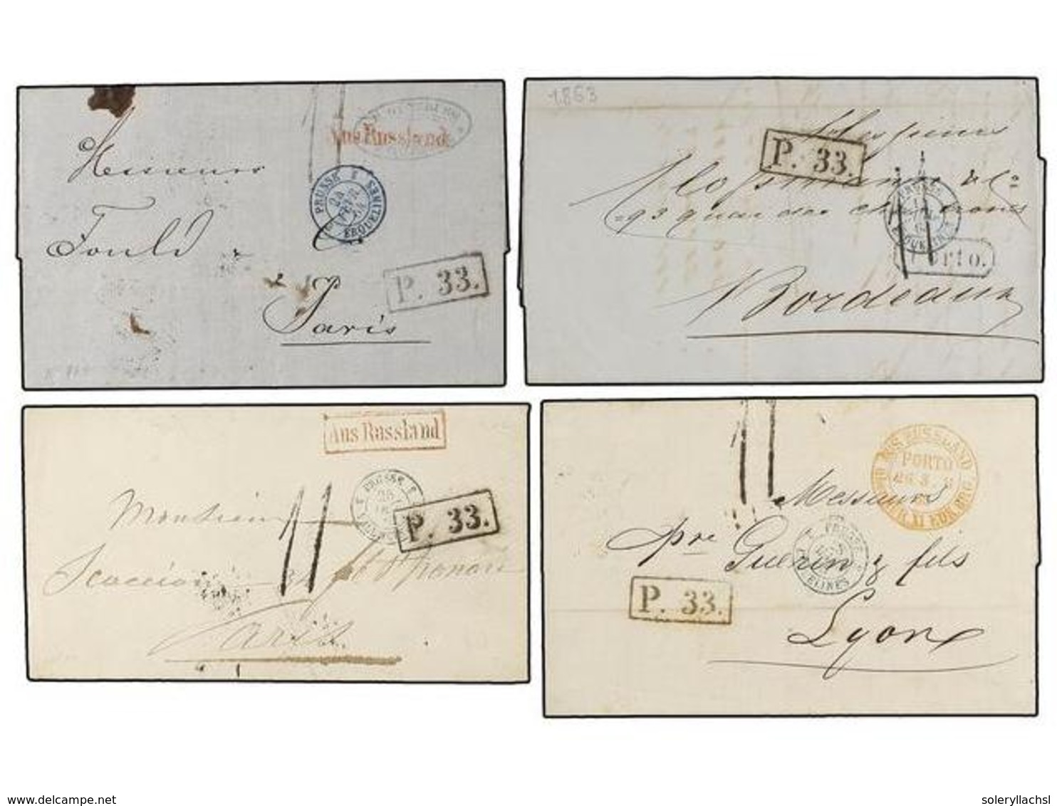 1168 RUSIA. 1862-65. RUSIA To FRANCE. 6 Covers With Various <B>AUS RUSSLAND </B>marks And <B>P.33</B> Exchange Marks (Va - Altri & Non Classificati