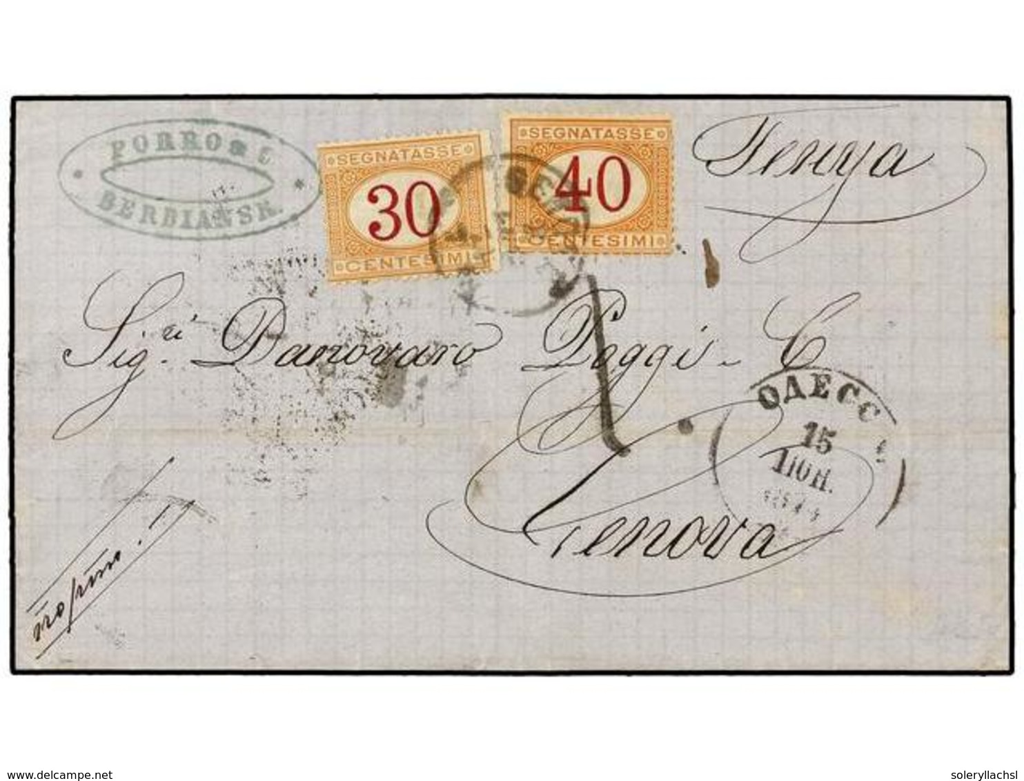 1173 RUSIA. 1874. BERDIANSK To GENOVA. Via Odessa, Taxed On Arrival With <B>30 Cts.</B> And <B>40 Cts.</B> Italian Stamp - Andere & Zonder Classificatie