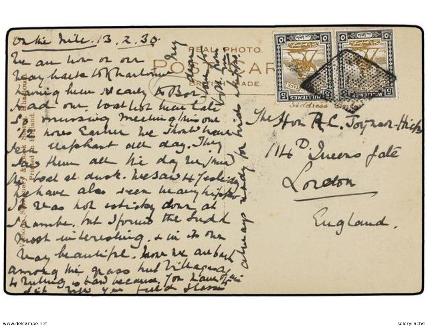 1186 SUDAN. 1930 (13-2). ON THE NILE To LONDON. Postcard Franked With <B>5 Mil.</B>(2) By <I>'Retta' </I>cancel. Sent Fr - Autres & Non Classés