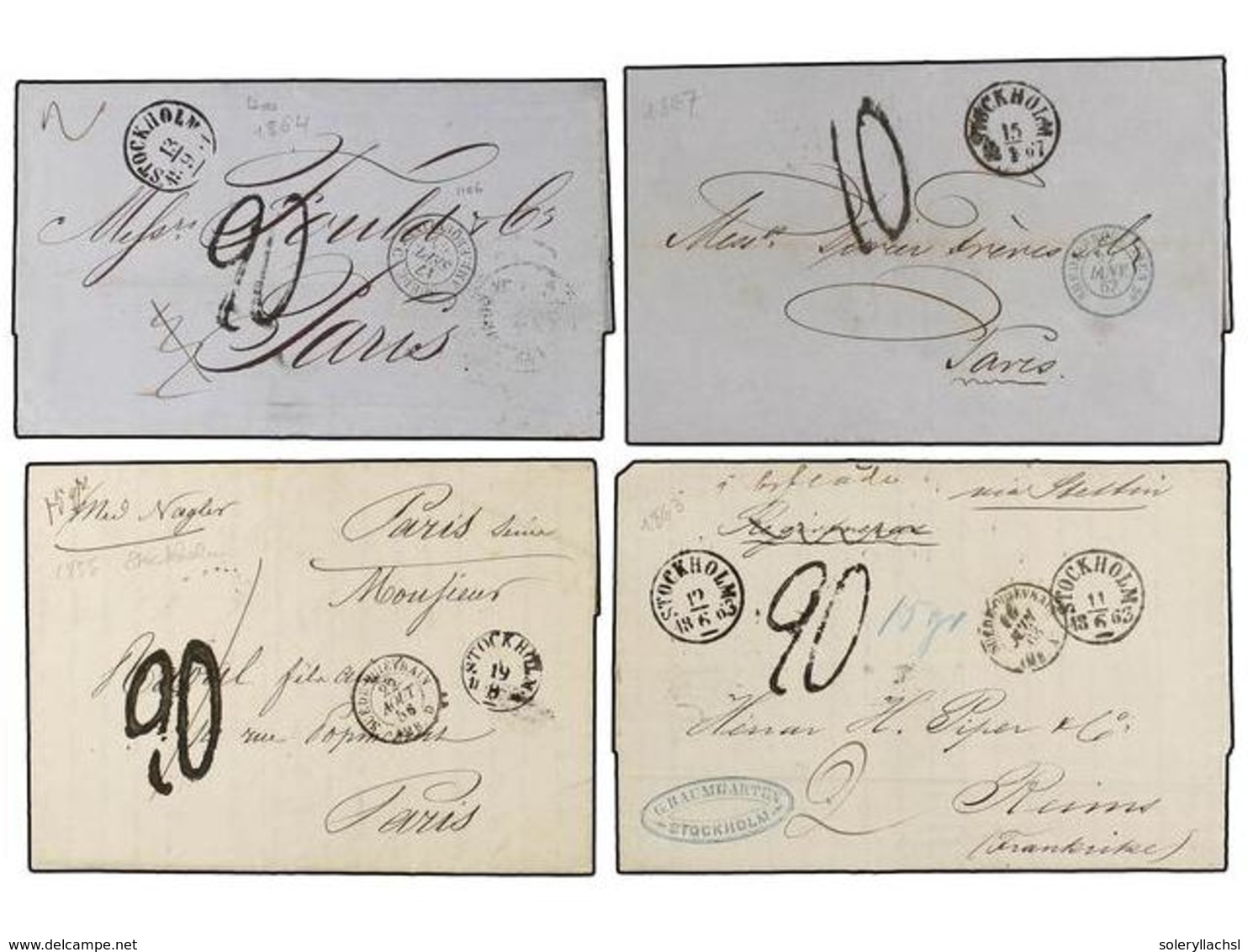 1189 SUECIA. 1856-64. STOCKHOLM A FRANCIA.<B> </B>Cuatro Cartas Fechadores De Entrada Por <B>ERQUELINES </B>y <B>QUIEVRA - Autres & Non Classés