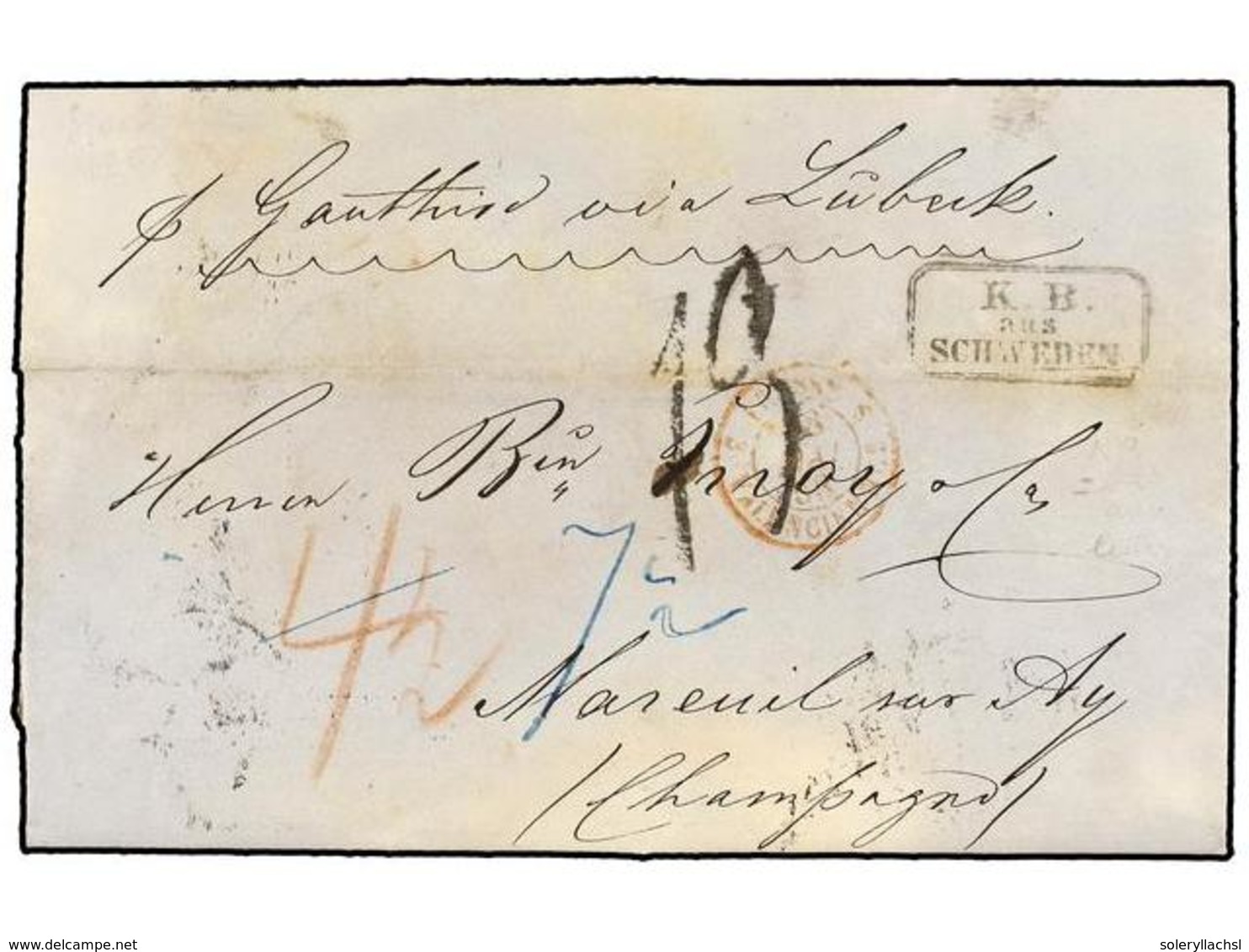 1190 SUECIA. 1858. STOCKHOLM A FRANCIA. Marca<B> K.B/AUS/SCHWEDEN </B>(Van Der Linden 1842). Fuerte Pliegue De Archivo. - Other & Unclassified