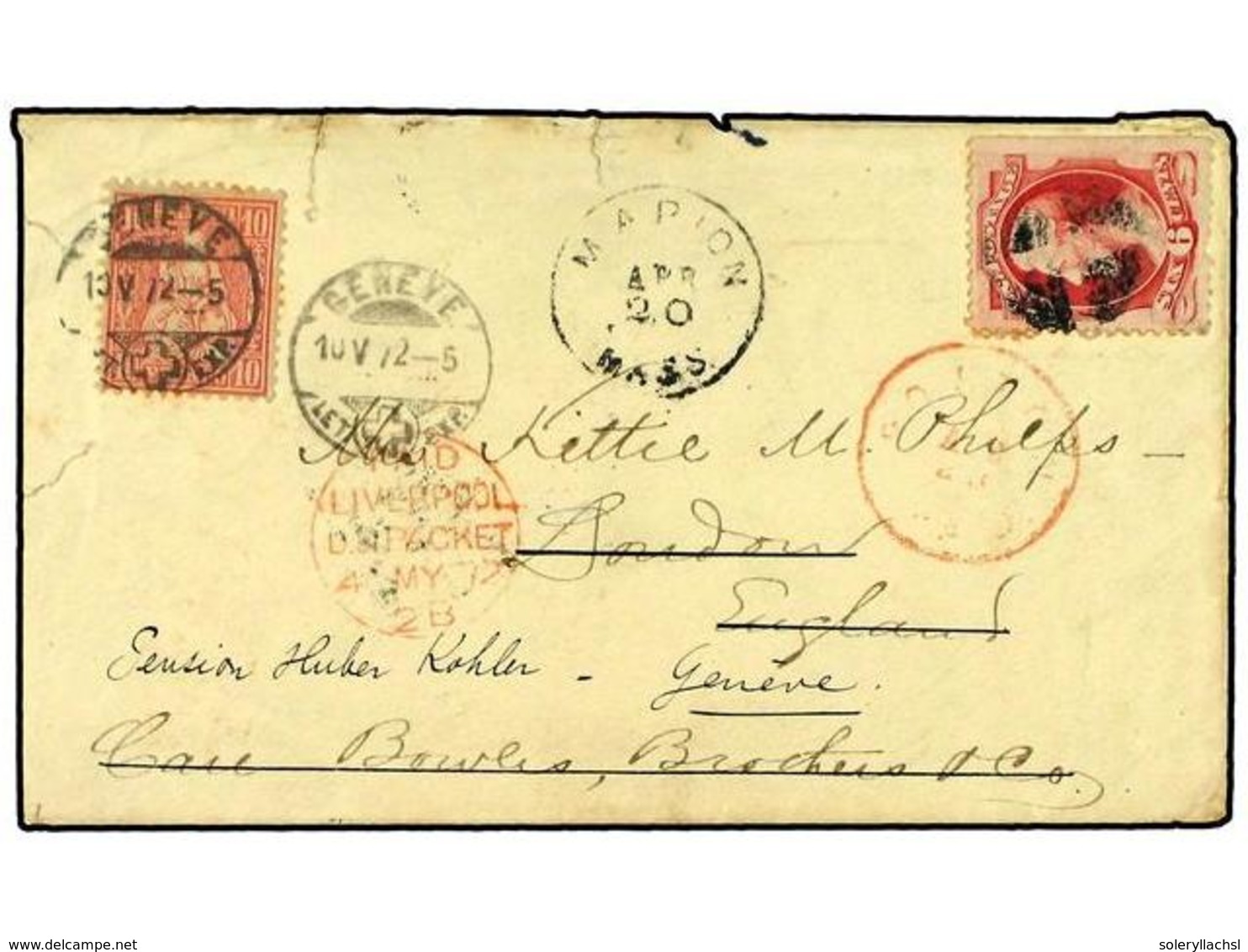 1192 SUIZA. 1872. BOSTON (Usa) A LONDRES. Circulada Con Sello US. <B>6 Cents.</B> Rosa, Carta Reexpedida A GINEBRA (Suiz - Other & Unclassified