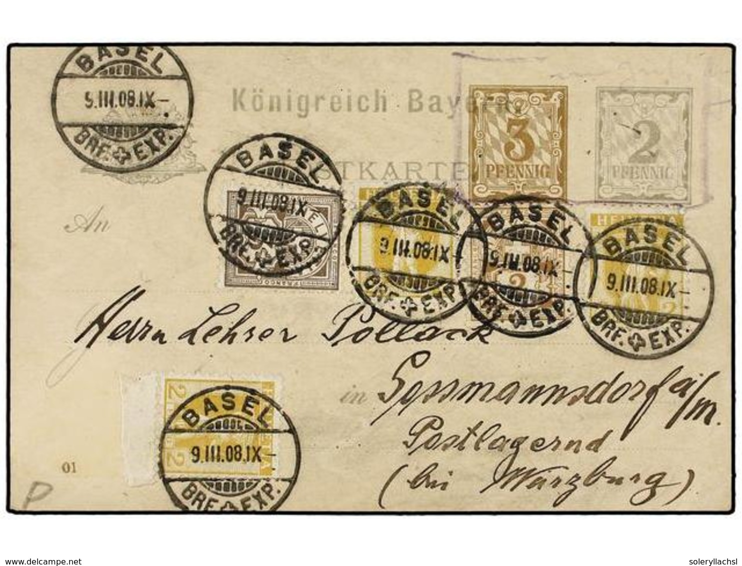 1194 SUIZA. 1908. BASEL To GERMANY. Bayern Postal Stationary Card Of <B>2 + 3 Pf.</B> Used With <B>2 Cts.</B> (4) And <B - Andere & Zonder Classificatie