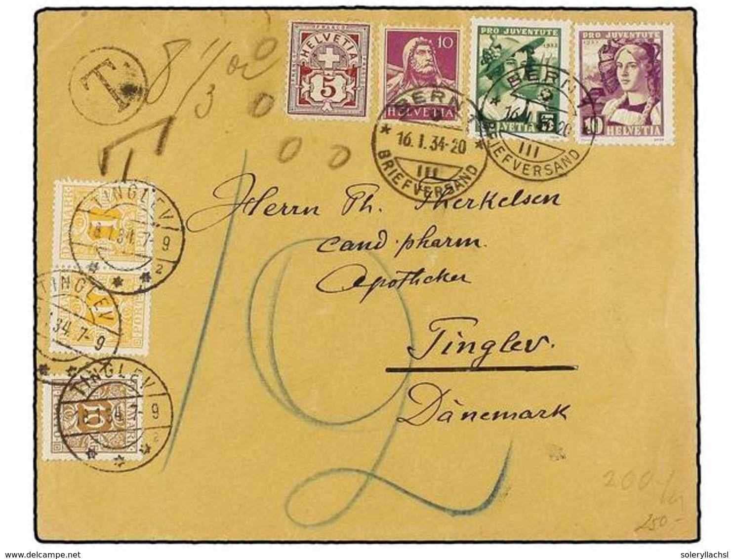 1195 SUIZA. 1934. BERN To DENMARK. <B>5 Cts.</B> (2) And <B>10 Cts.</B> (2) Taxed On Arrival With Danish <B>1 Ore</B> (2 - Other & Unclassified