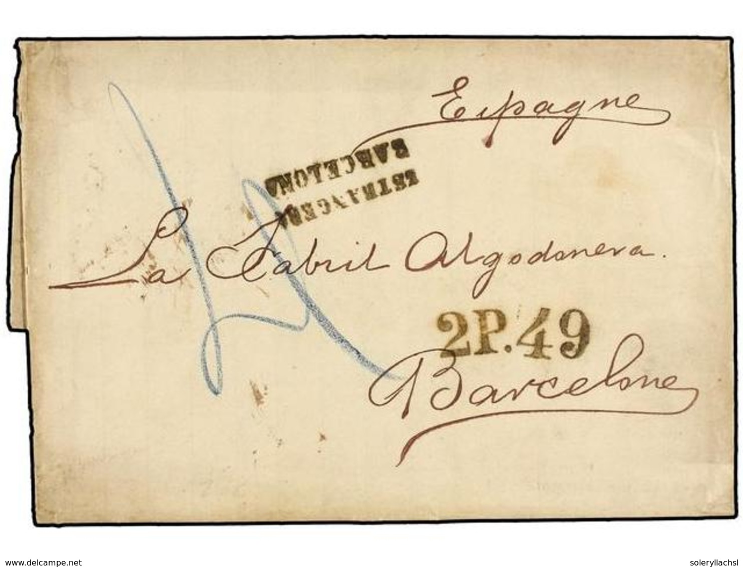 1205 TURQUIA. 1874. SMYRNA To BARCELONA (Spain). Entire Letter Send Unfranked Via Marseille Via <B>ESTRANGERO/BARCELONA  - Sonstige & Ohne Zuordnung