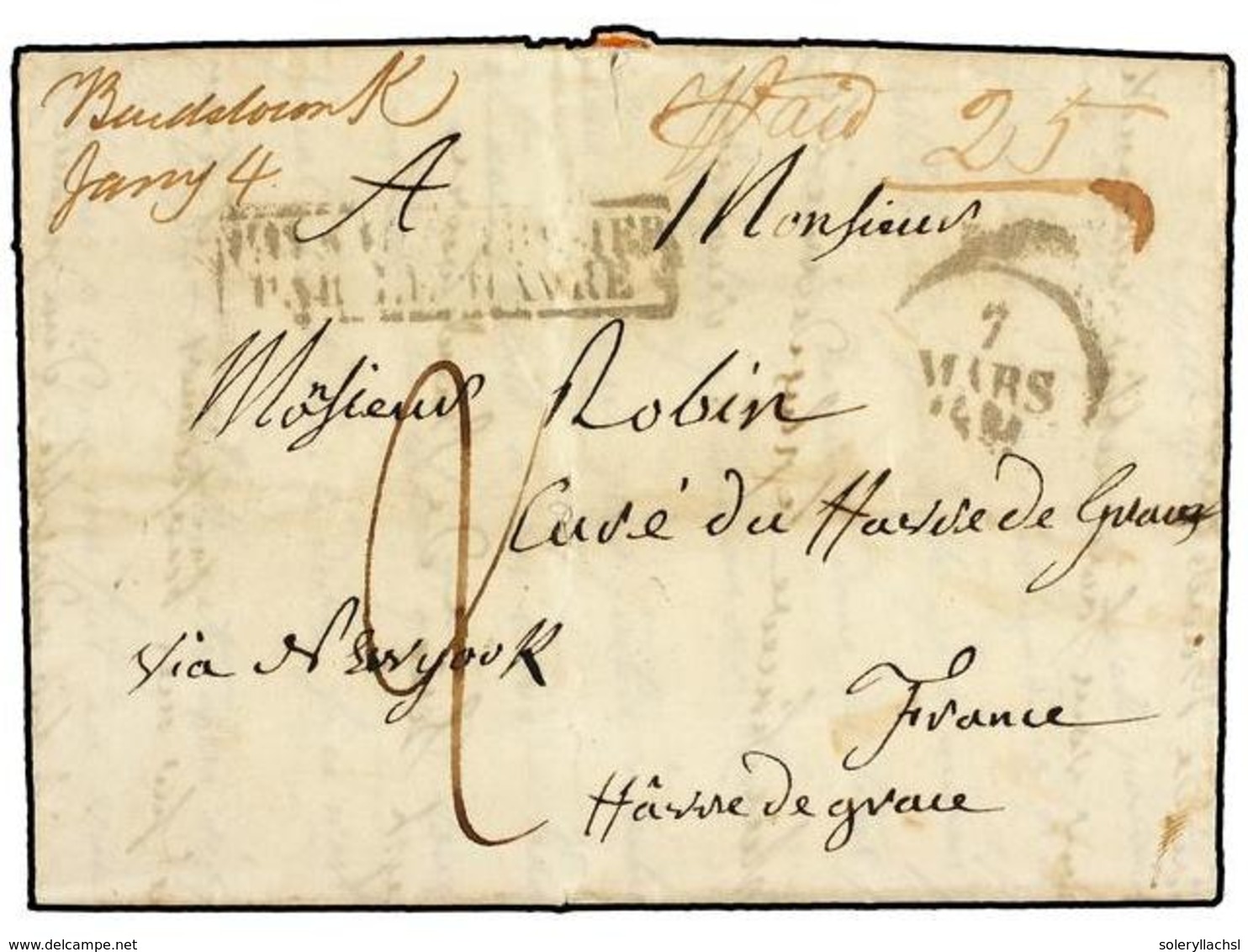 1212 ESTADOS UNIDOS. 1831 (Jan 4). Entire Letter Written From BARDSTOWN, Kentucky (65 Kms S.E. Of Louisville) To FRANCE  - Autres & Non Classés