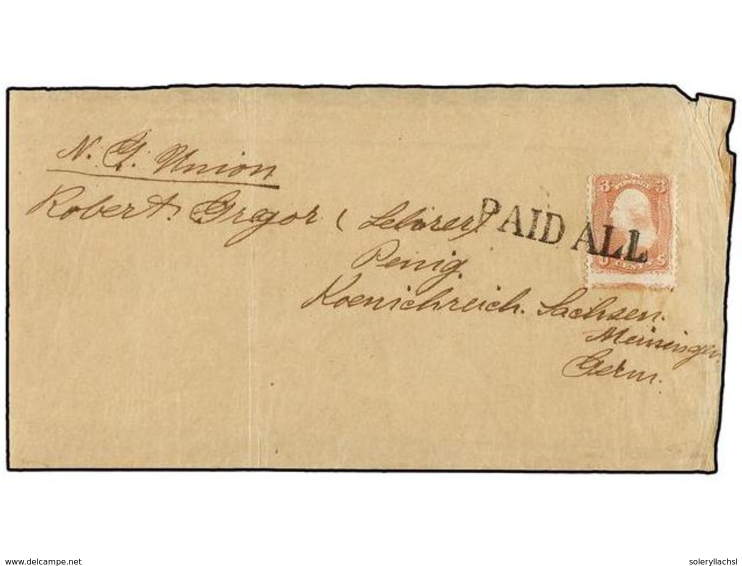 1215 ESTADOS UNIDOS. (1860 CA.). WRAPER Send To GERMANY With <B>3 Cts.</B> Red Tied By Lineal <B>PAID ALL</B>, Arrival O - Autres & Non Classés