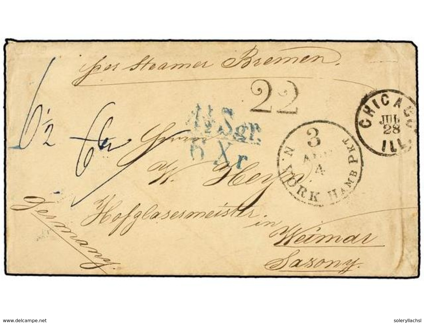 1216 ESTADOS UNIDOS. 1862. CHICAGO To WEIMAC (Saxony, Germany) Via Hamburg With Blue <B>4 1/2 Sgr./6Xr </B>exchange Mark - Autres & Non Classés