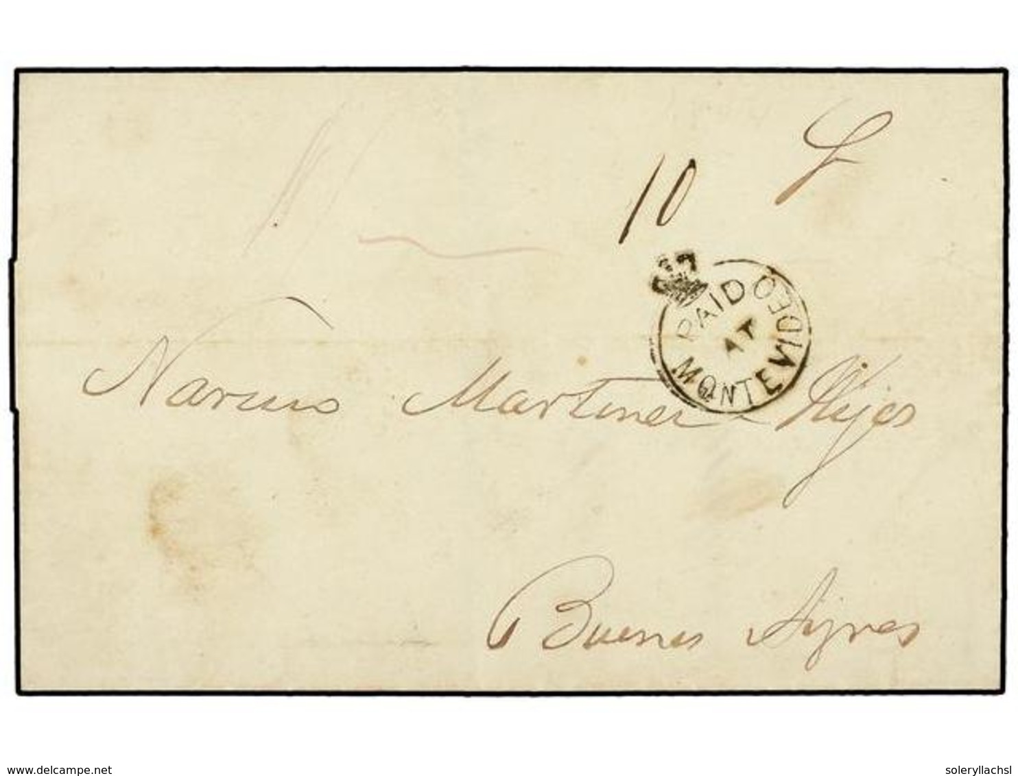 1227 URUGUAY. 1854 (March 31). Outer Letter Sheet From MONTEVIDEO To BUENOS AIRES, Bearing Superb Strike On The <B>PAID/ - Autres & Non Classés