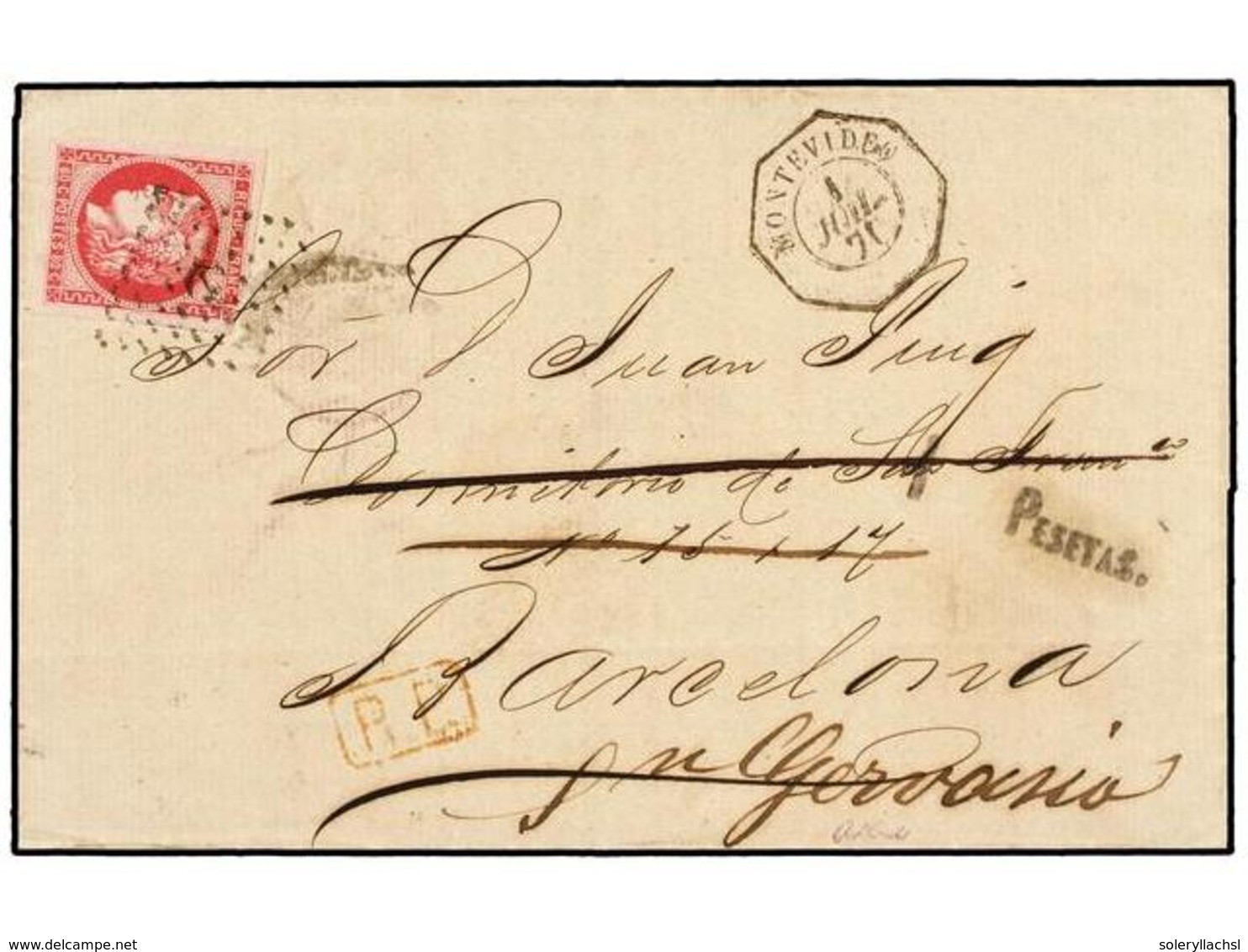 1228 URUGUAY. 1870. MONTEVIDEO A BARCELONA. Circulada Con Sello Francés De <B>80 Cts.</B> Rosa De La Emisión De Burdeos. - Andere & Zonder Classificatie