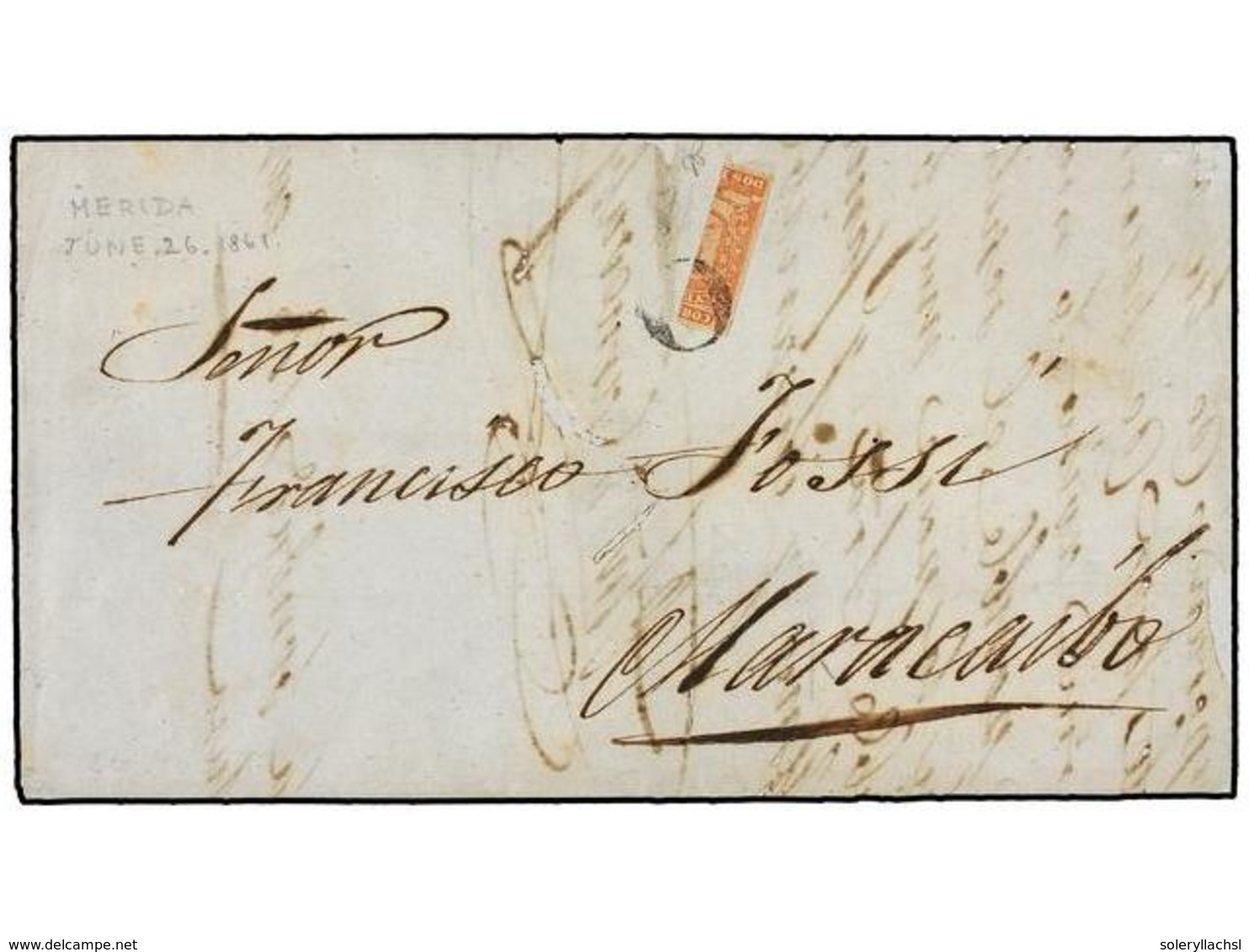 1230 VENEZUELA. Sc.3b. 1861. MERIDA To MARACAIBO With Left Side Of Vertical Bisected 1859 First Issue Fine Impression <B - Autres & Non Classés