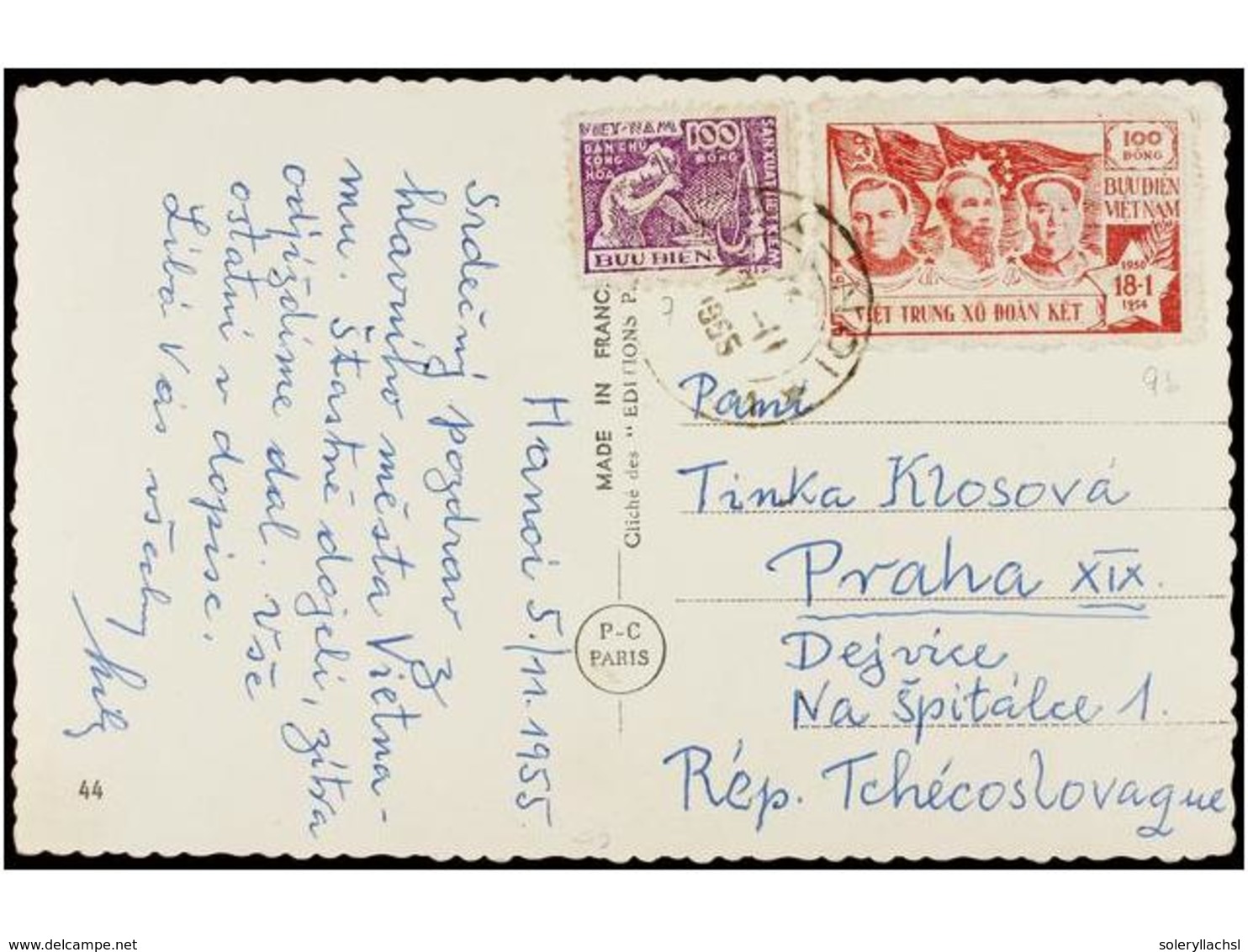 1236 VIETNAM DEL NORTE. Mi.9a, 7. 1955. HANOI To CZECHOSLOVAKIA. Postcard Franked With <B>100 + 100. </B> - Sonstige & Ohne Zuordnung