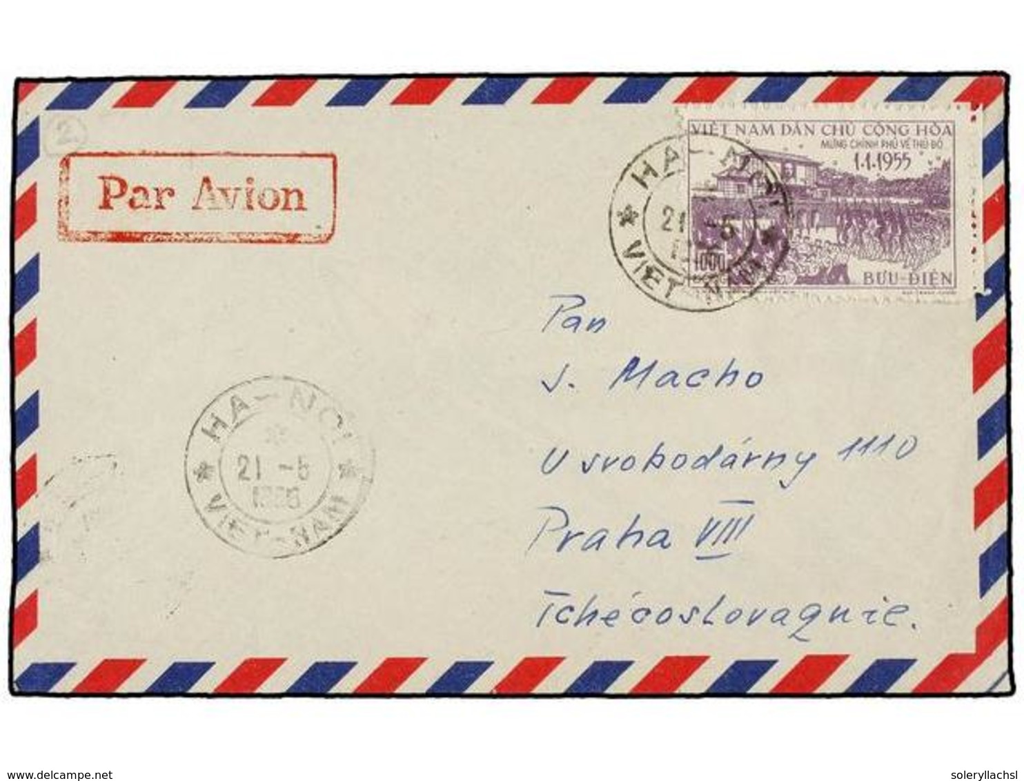 1239 VIETNAM. Mi.35. 1956. HANOI To CZECHOSLOVAKIA. <B>1000 D.</B> Purple. <B>AIR MAIL</B> Cover. - Other & Unclassified