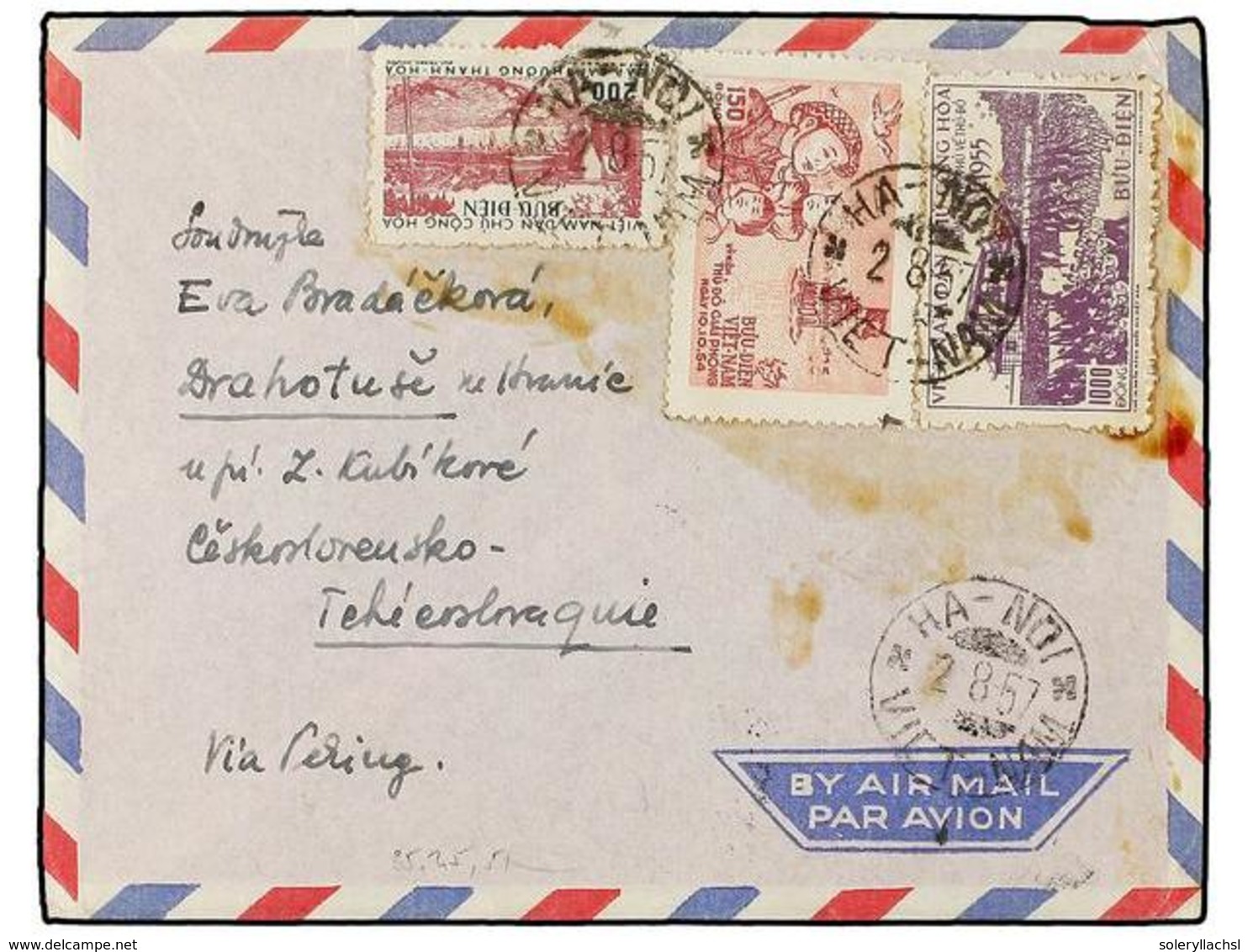 1245 VIETNAM. Mi.25, 35, 51. 1957. HANOI To CZECHOSLOVAKIA. <B>150 D., 200 D.</B> And <B>1.000 D.</B> <B>AIR MAIL</B> Le - Autres & Non Classés