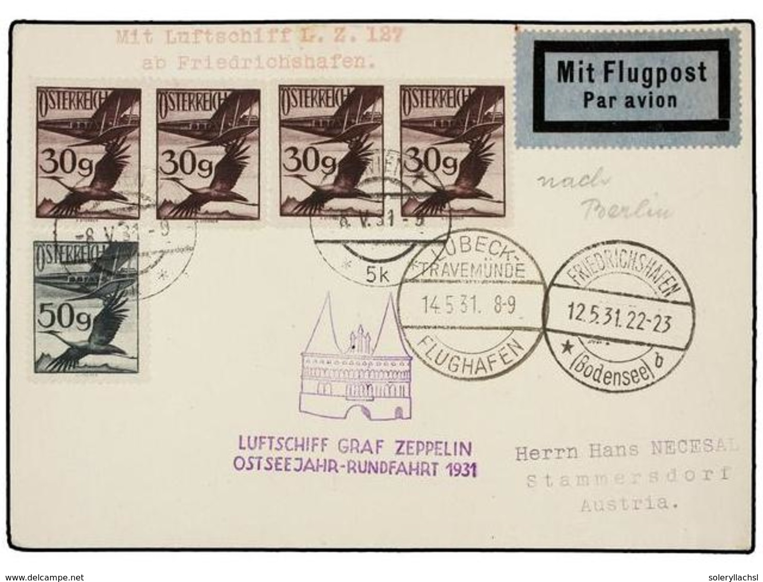 1251 ZEPPELIN. 1931 (14-V). <B>AUSTRIA. </B>WIEN To LUBECK Via<B> GRAF ZEPPELIN</B> Special Flight Mark, Arrival On Fron - Autres & Non Classés