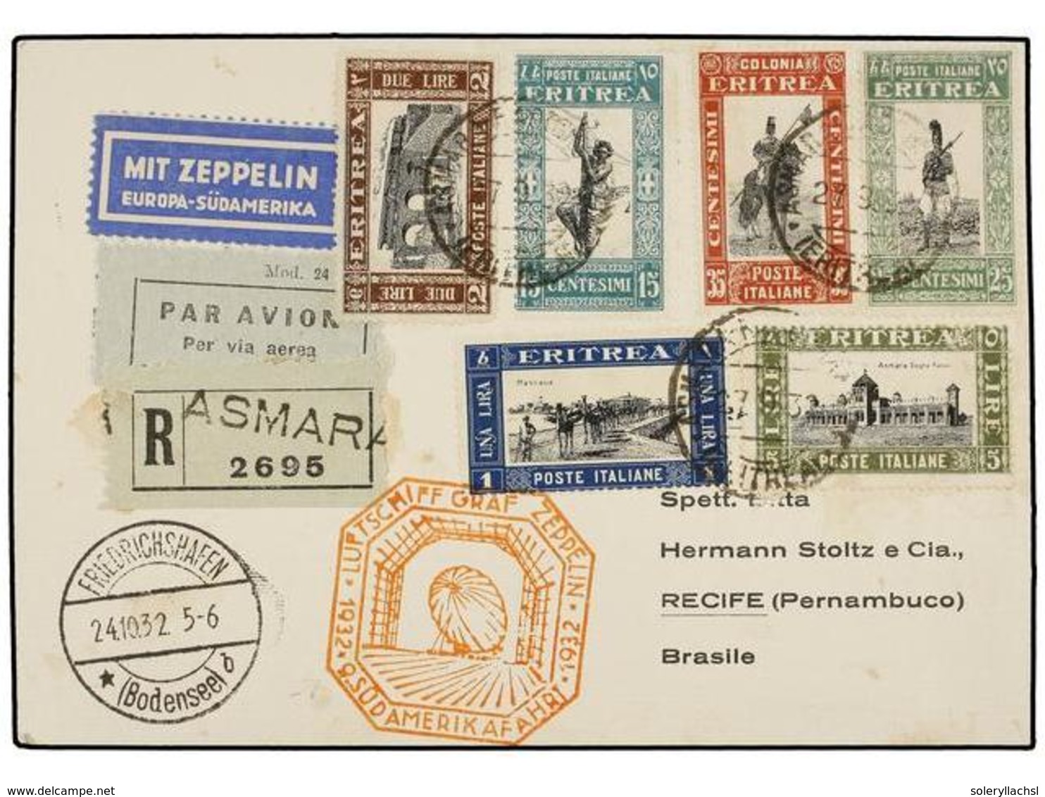 1254 ZEPPELIN. 1932 (24-X). <B>ERITREA. </B>ASMARA A BRASIL. Tarjeta Postal Circulada Por <B>GRAF ZEPPELIN</B>, Marca De - Andere & Zonder Classificatie