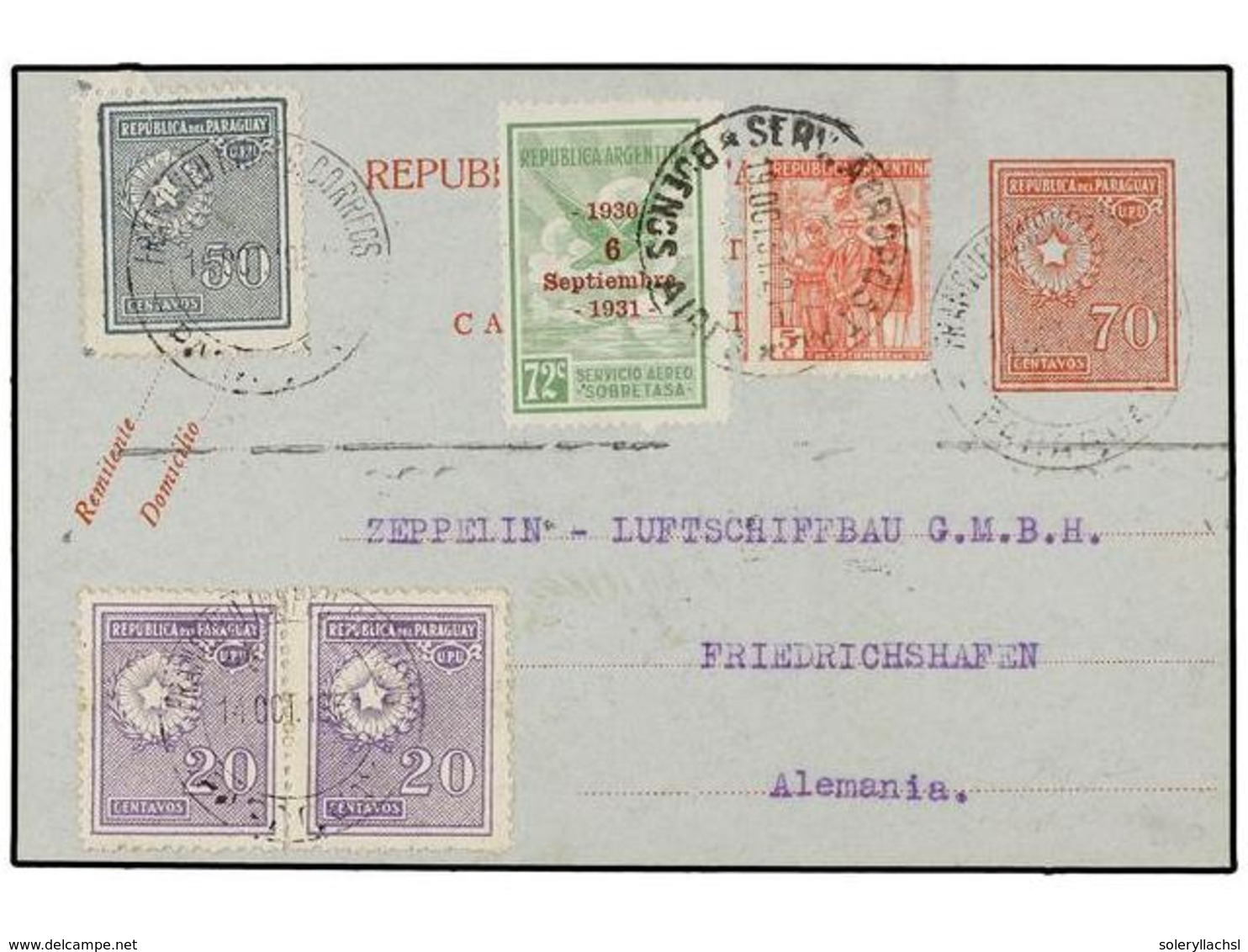 1255 ZEPPELIN. 1931. <B>PARAGUAY. </B>ASUNCIÓN A ALEMANIA. Entero Postal De <B>70 Ctvos.</B> Con Franqueo Adicional Arge - Autres & Non Classés