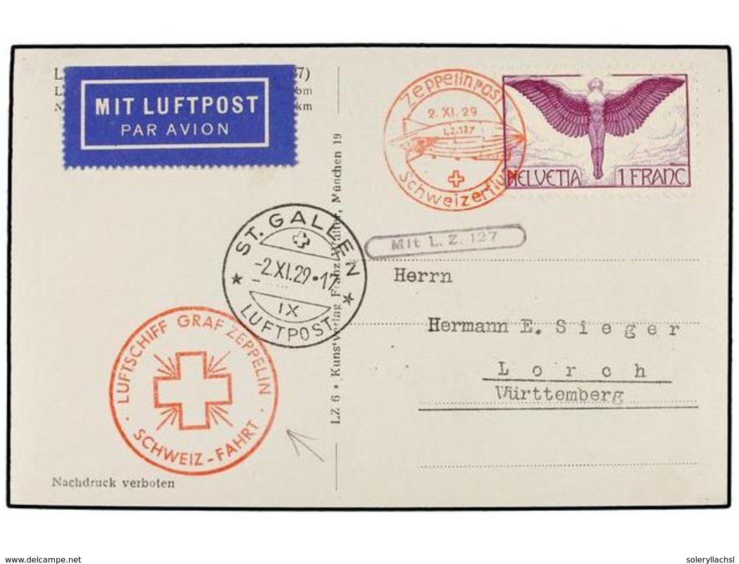 1256 ZEPPELIN. 1929 (2-XI). <B>SWITZERLAND. </B>ST. GALLEN To GERMANY Via<B> GRAF ZEPPELIN</B> Special Flight Mark. - Autres & Non Classés