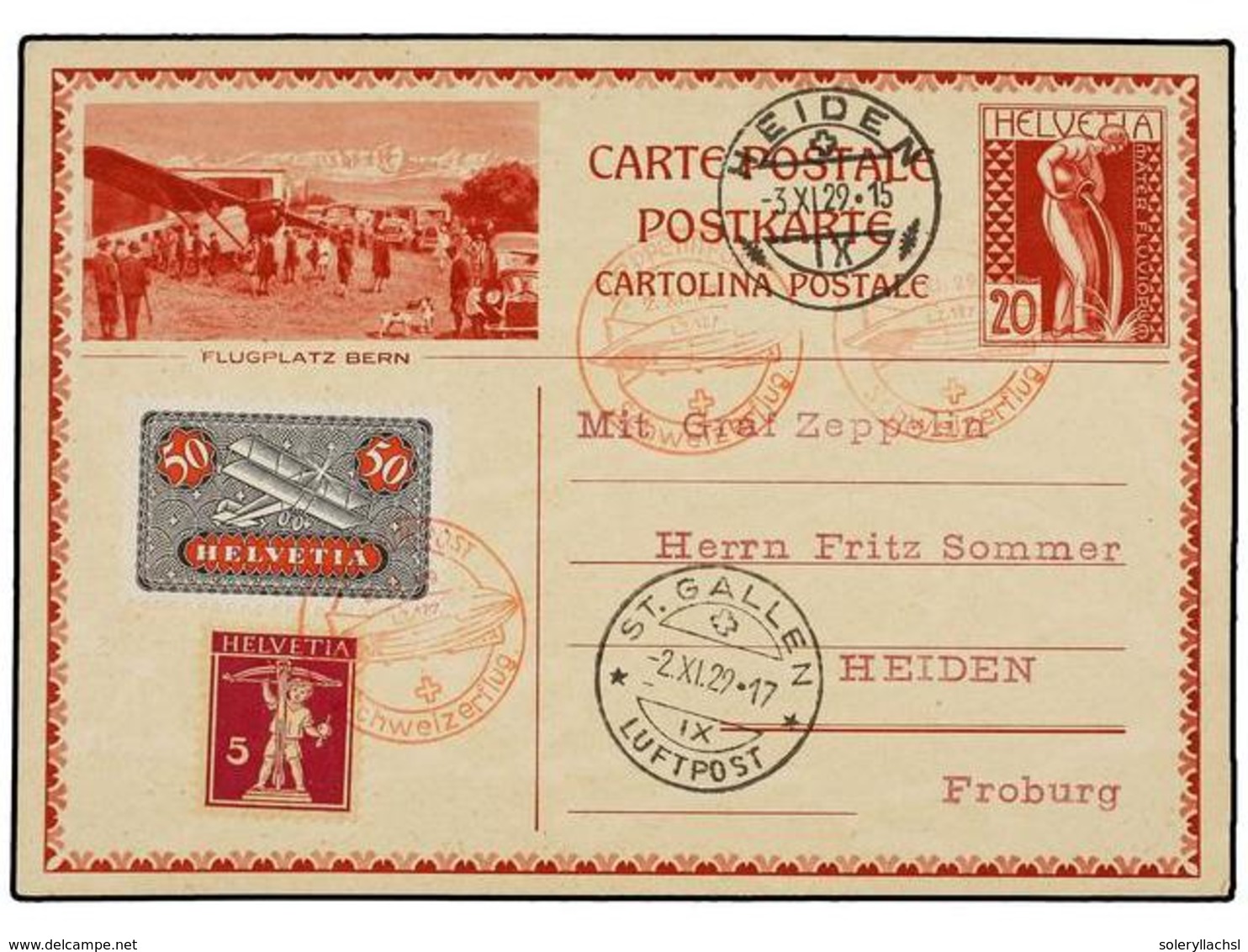 1257 ZEPPELIN. 1929 (2-XI). <B>SWITZERLAND. </B>HEIDEN To ST. GALLEN Via <B>GRAF ZEPPELIN</B> Special Flight Mark, Arriv - Other & Unclassified