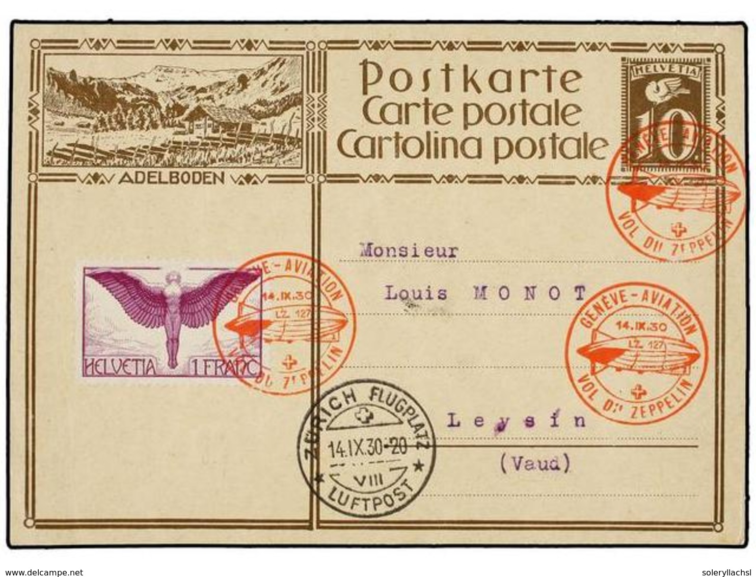 1258 ZEPPELIN. 1930 (14-IX). <B>SWITZERLAND. </B>GENEVE To ZURICH Via <B>GRAF ZEPPELIN</B> Special Flight Mark, Arrival  - Autres & Non Classés