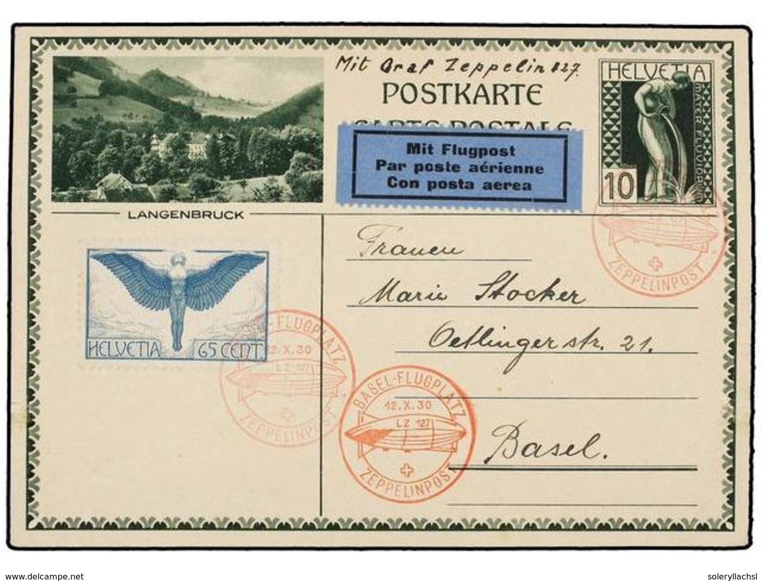 1261 ZEPPELIN. 1930 (12-X). <B>SWITZERLAND. </B>BASEL Vía <B>GRAF ZEPPELIN</B> Special Mark On Front. - Andere & Zonder Classificatie