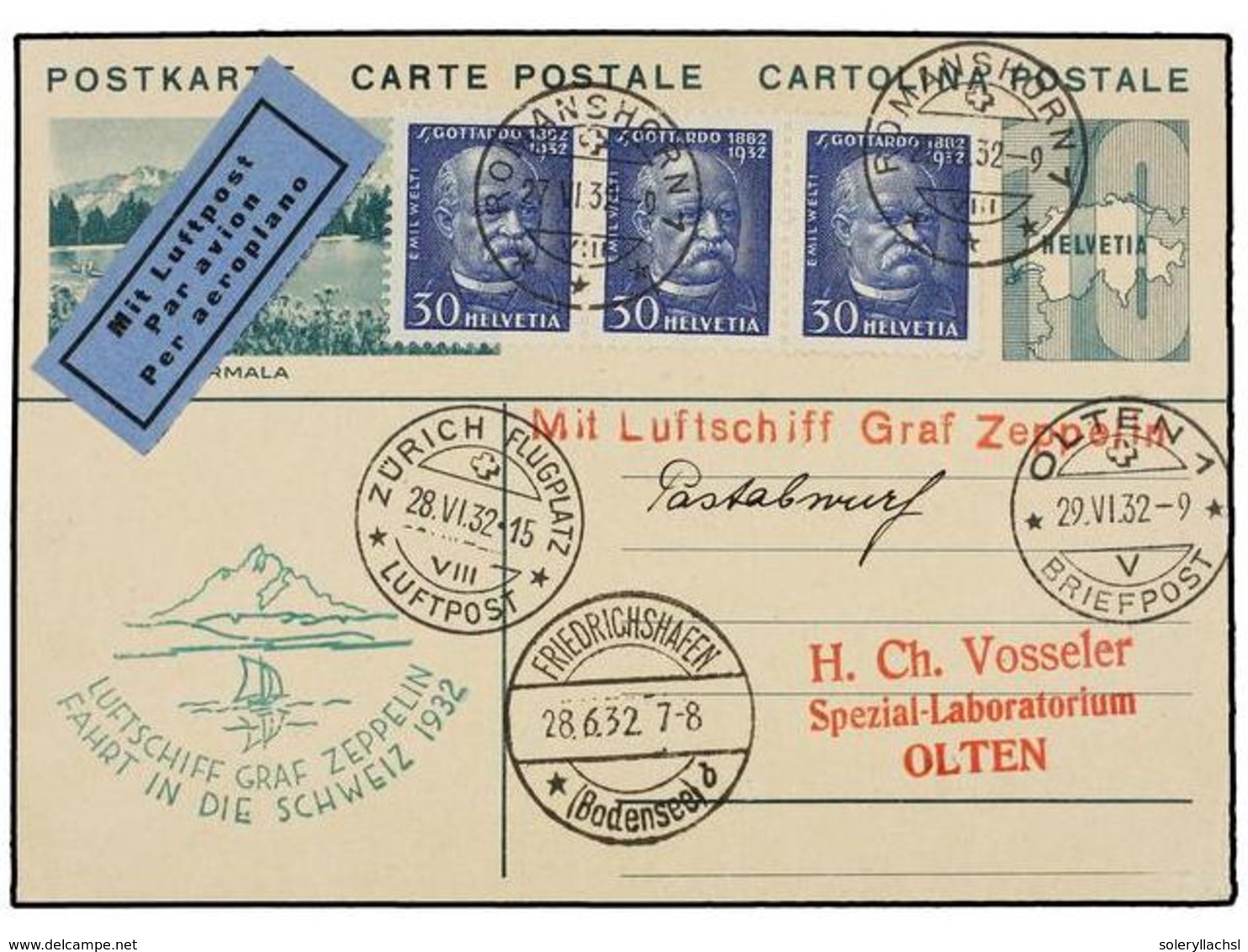 1262 ZEPPELIN. 1932 (27-VI). <B>SWITZERLAND.</B> ROMANSHORN To OLTEN Via<B> GRAF ZEPPELIN</B> Special Flight Mark, Arriv - Sonstige & Ohne Zuordnung