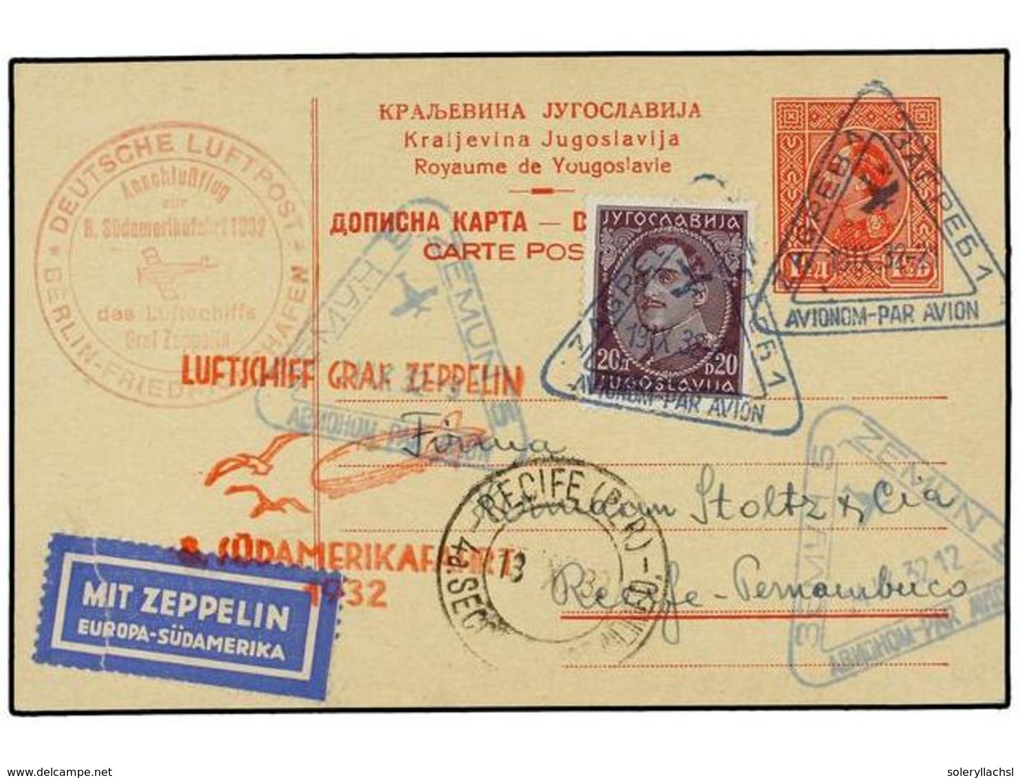 1264 ZEPPELIN. 1932. ZAGREB (Yugoslavia) A BRASIL. Circulada Por <B>GRAF ZEPPELIN</B> En Su Viaje A Sudamerica, Entero P - Sonstige & Ohne Zuordnung
