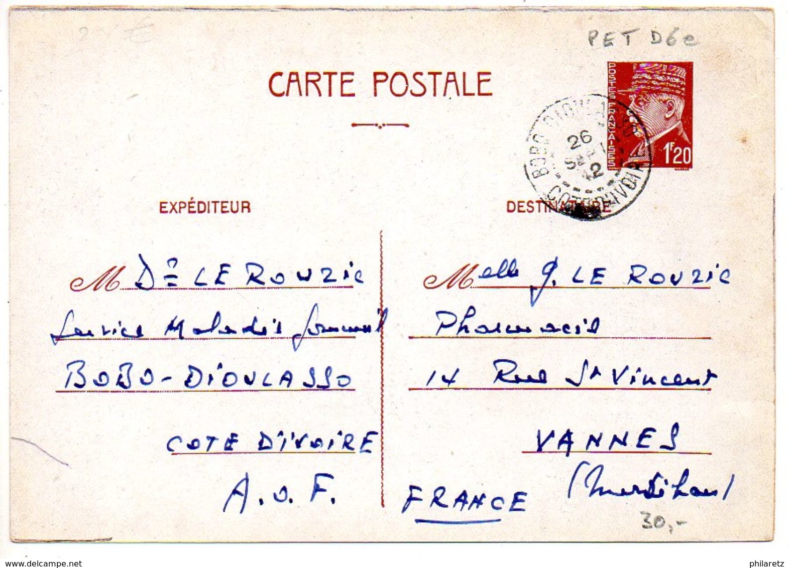 Carte 1f20 Pétain Oblitérée De Bobo Dioulasso Côte D'Ivoire Du 26 Septembre 1942 - Cartes Postales Types Et TSC (avant 1995)