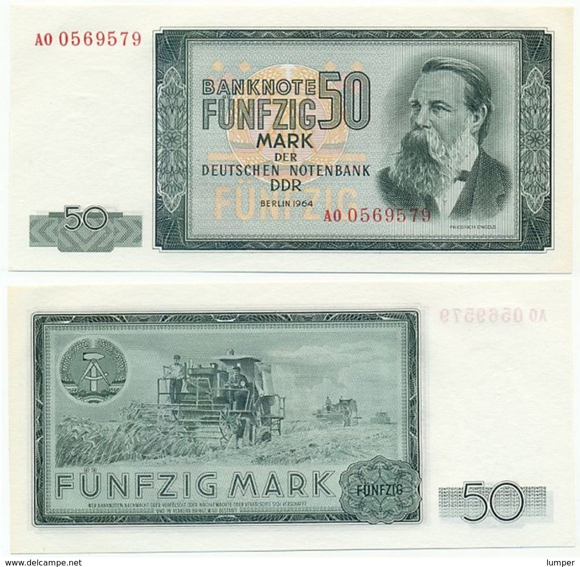 DDR 1964, 50 Mark, Deutsche Notenbank, F. Engels, KN 7stellig, Geldschein, Banknote - 50 Deutsche Mark