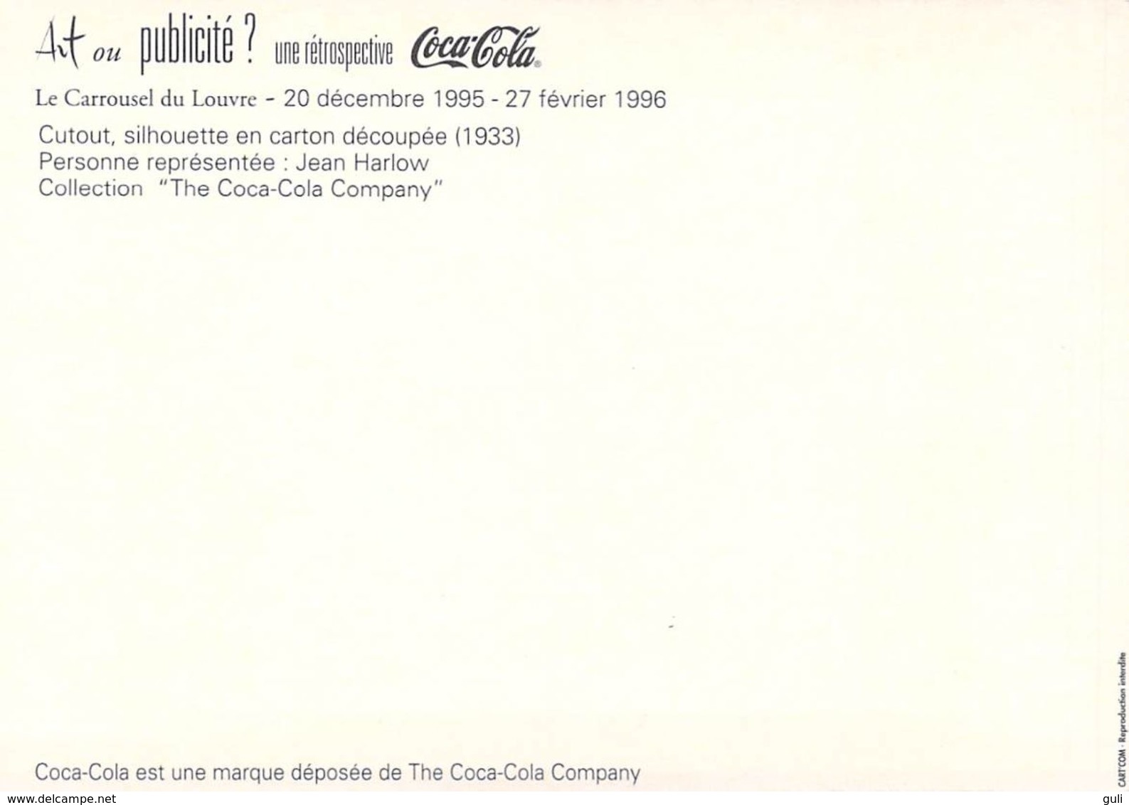 Publicité PUB -COCA-COLA JOAN HARLOW (actrice)  ART Ou PUBLICITE Rétrospective 20/12/95-27/2/96 CARROUSEL Du LOUVRE - Publicité