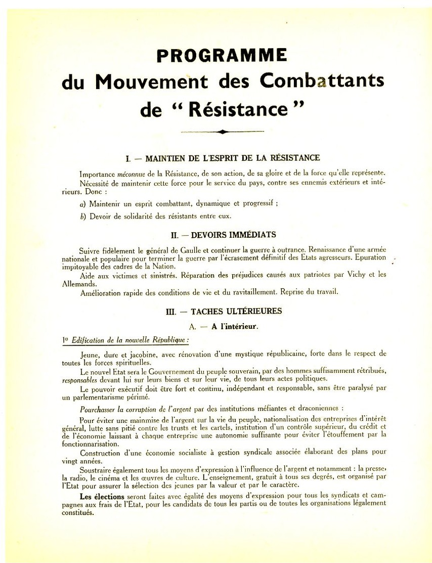 1944 PROGRAMME MOUVEMENT COMBATTANTS DE RESISTANCE LOT X 3 DOC IDENTIQUES => .....suivre Fidelement Le Général De Gaulle - Documents Historiques