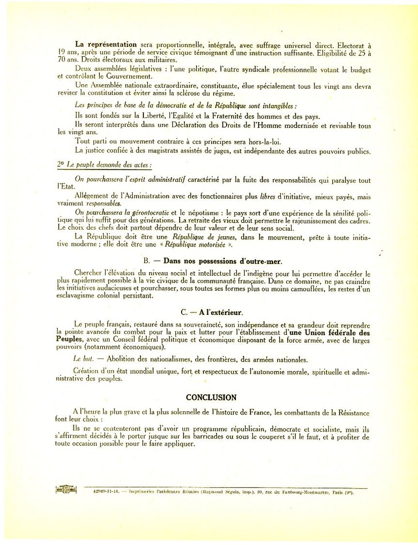 1944 PROGRAMME MOUVEMENT COMBATTANTS DE RESISTANCE LOT X 3 DOC IDENTIQUES => .....suivre Fidelement Le Général De Gaulle - Documents Historiques