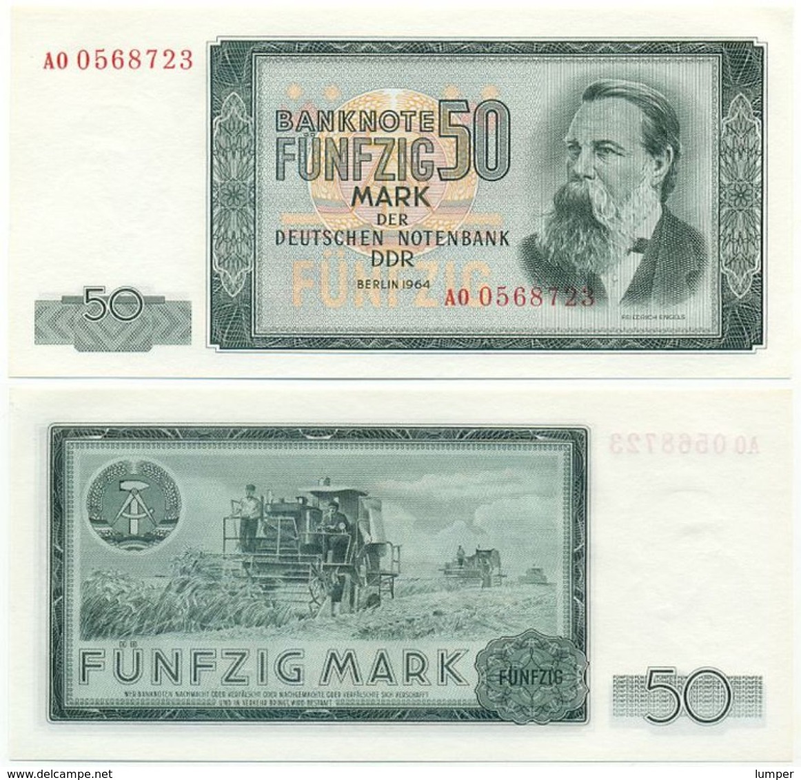 DDR 1964, 50 Mark, Deutsche Notenbank, F. Engels, KN 7stellig, Geldschein, Banknote - 50 Deutsche Mark