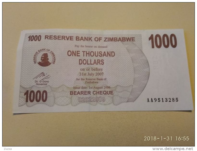 1000  Dollars  2007 - Zimbabwe