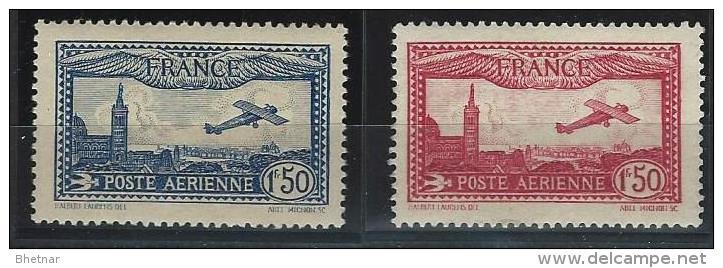 FR Aerien YT 5 & 6 (PA)  " Avion Survolant Marseille 1F50 Carmin Et Bleu " Neuf* - 1927-1959 Mint/hinged