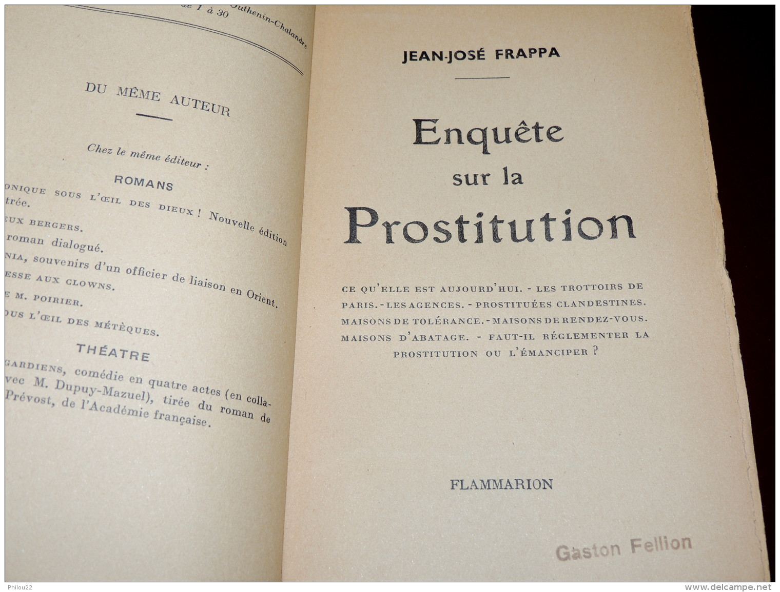 J.J. FRAPPA - ENQUETE SUR LA PROSTITUTION&lrm; - Flammarion  1937 - 1901-1940