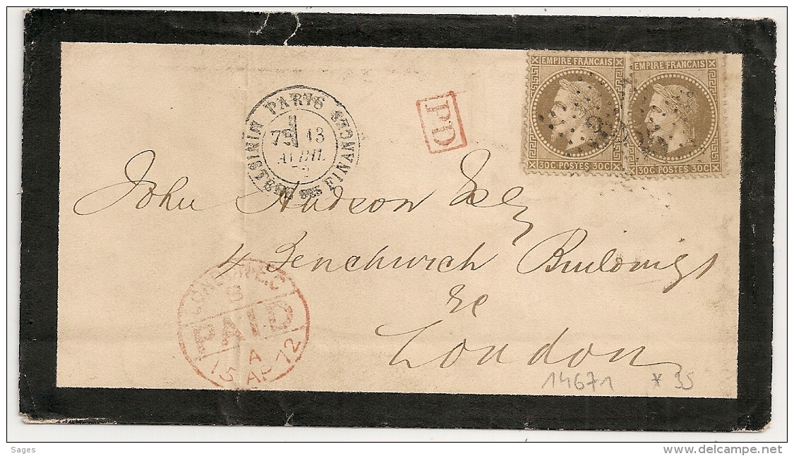 Double Port, ETOILE 35 De PARIS MINISTERE DES FINANCES Pour LONDON Angleterre. - 1849-1876: Période Classique