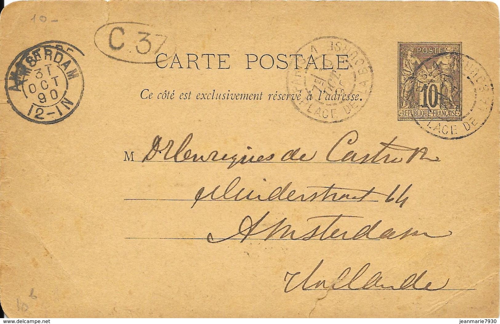 LOT 1802014-ENTIER 10c SAGE SUR CP DE PARIS PLACE DE LA BOURSE 30/10/1890 POUR AMSTERDAM -CACHET D'ARRIVEE DU 31-10-1890 - Standard Postcards & Stamped On Demand (before 1995)