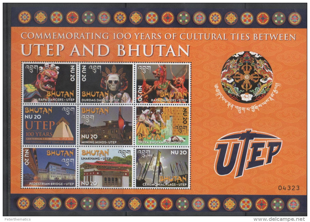 BHUTAN, 2014,MNH, CULTURAL TIES BETWEEN UTEP(=UNIV. OF TEXAS IN EL PASO) AND BHUTAN, MASKS, DANCES, SHEETLET - Costumes