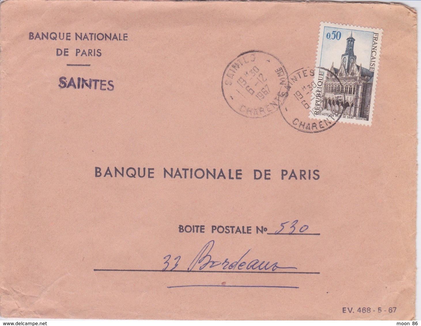 ENVELOPPE  A ENTETE BANQUE NATIONALE DE PARIS A SANTES - 1967 - Lettres & Documents