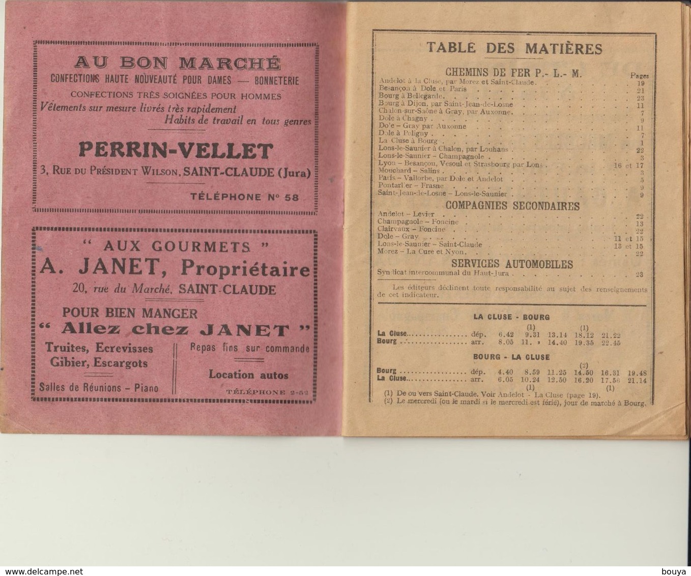 HORAIRE TRAIN - MIGNON JURA - ETE 1927 - Europa