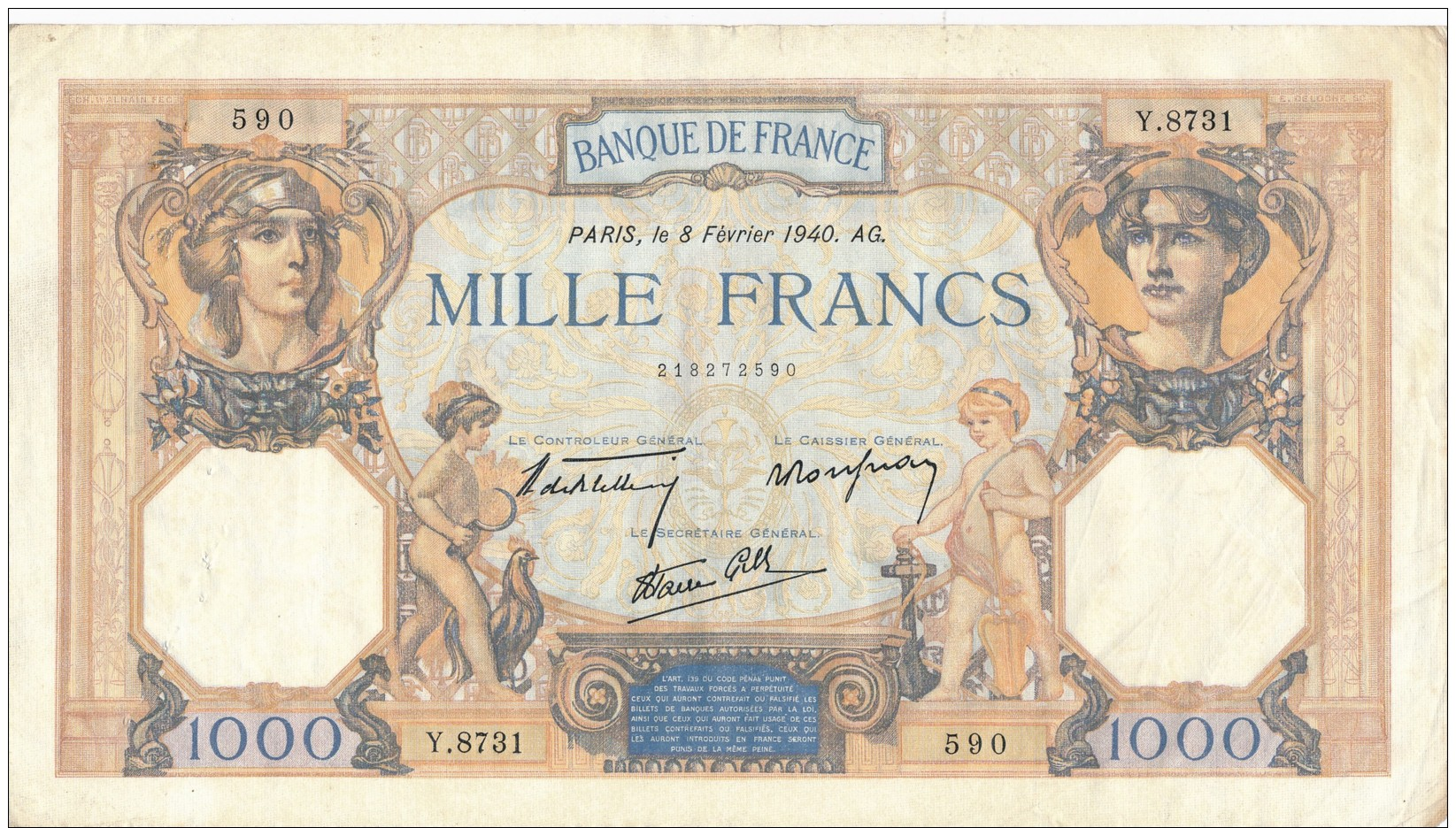 H32 - FRANCE - Billet De 1000 Francs Cérès Et Mercure - 1 000 F 1927-1940 ''Cérès Et Mercure''