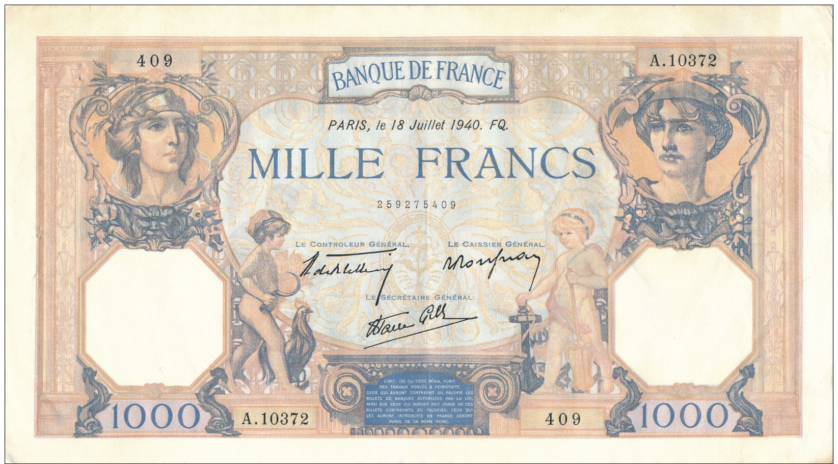 H32 - FRANCE - Billet De 1000 Francs Cérès Et Mercure - 1 000 F 1927-1940 ''Cérès Et Mercure''