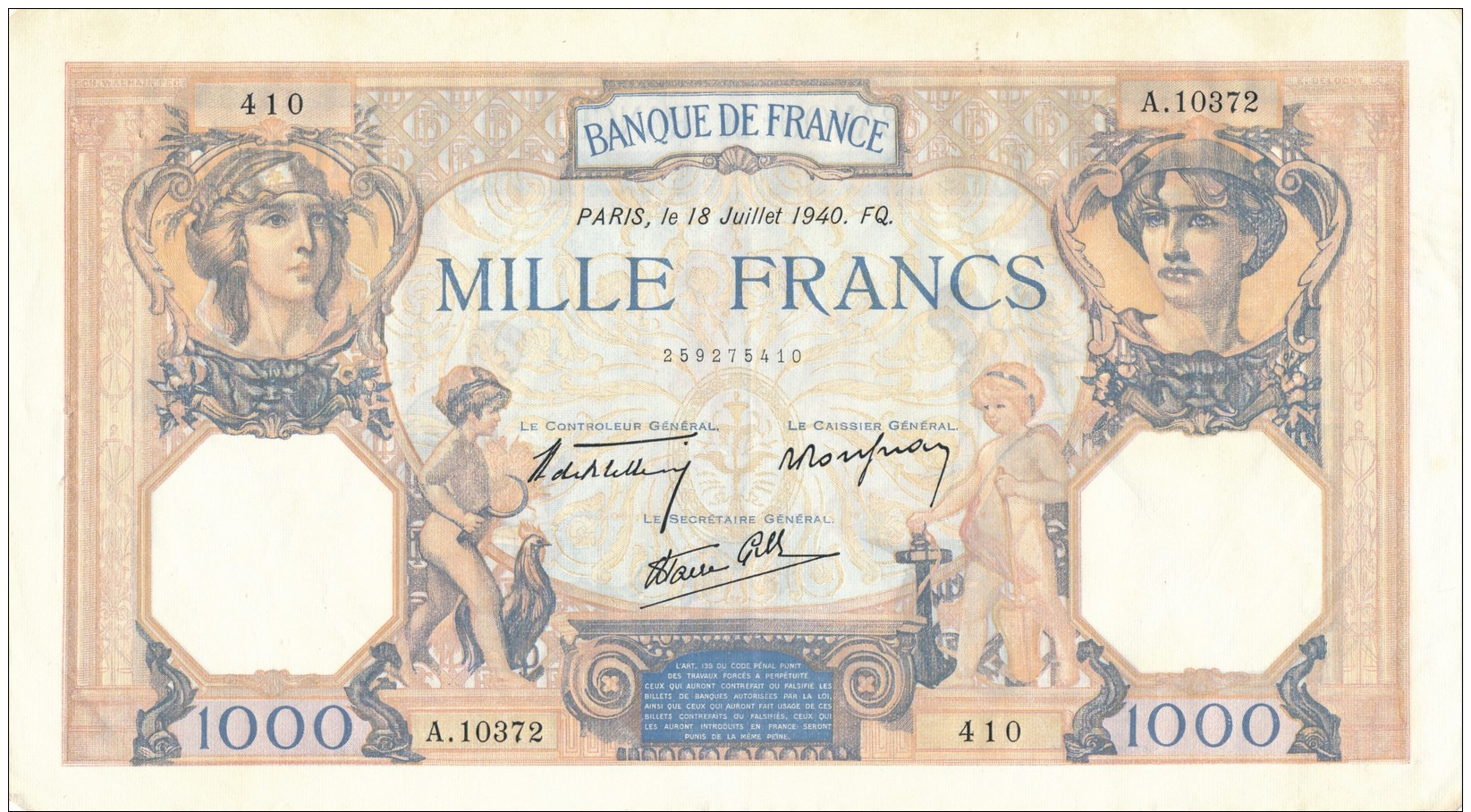 H32 - FRANCE - Billet De 1000 Francs Cérès Et Mercure - 1 000 F 1927-1940 ''Cérès Et Mercure''