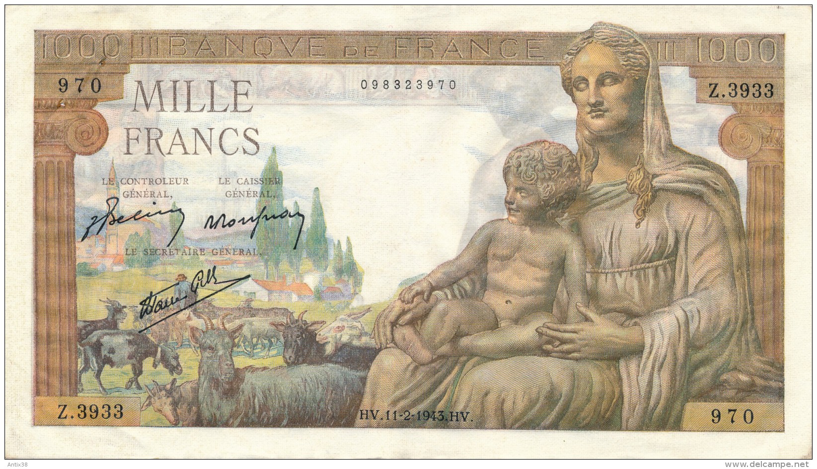 H32 - FRANCE - Billet De 1000 Francs Déesse DEMETER - 1 000 F 1942-1943 ''Déesse Déméter''