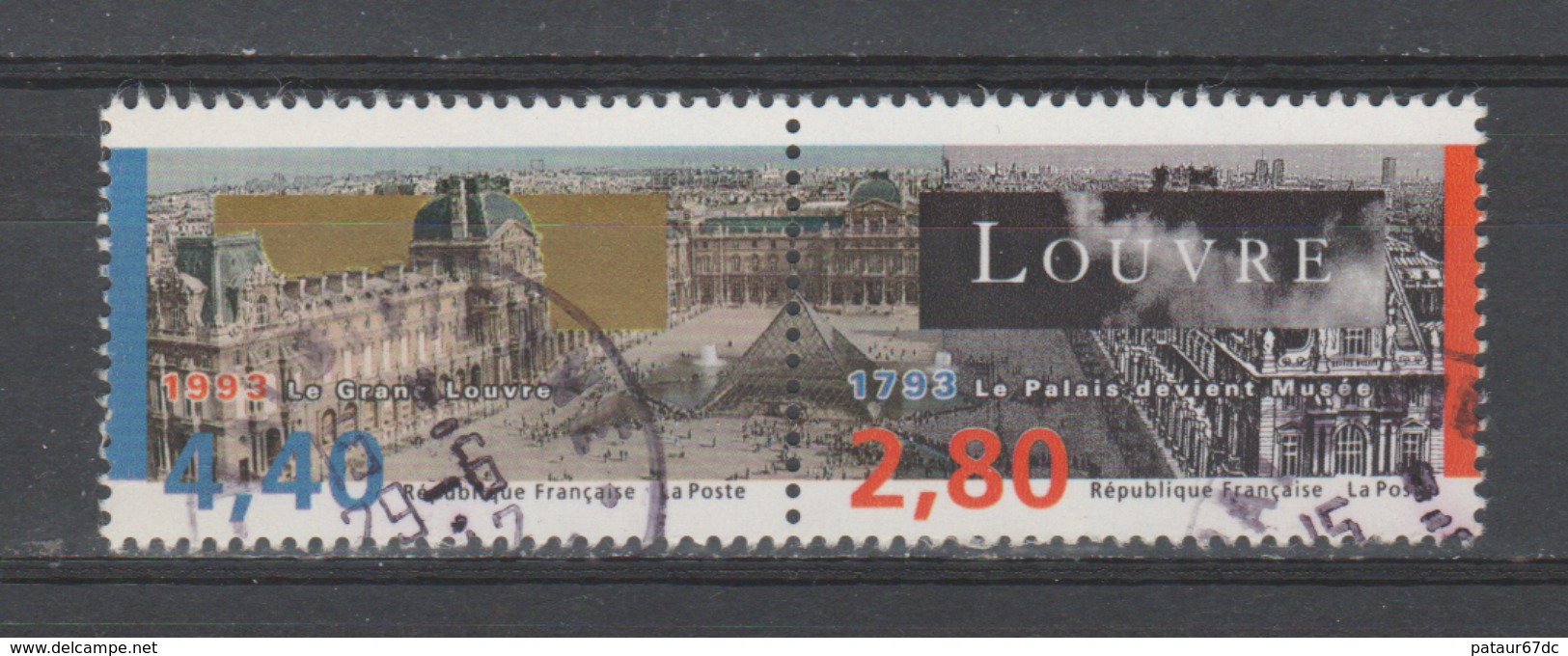 FRANCE / 1993 / Y&T N° 2851/2852 : Grand Louvre (2 Valeurs Se Tenant Sans La Vignette) - Choisi - Cachet Rond - Oblitérés