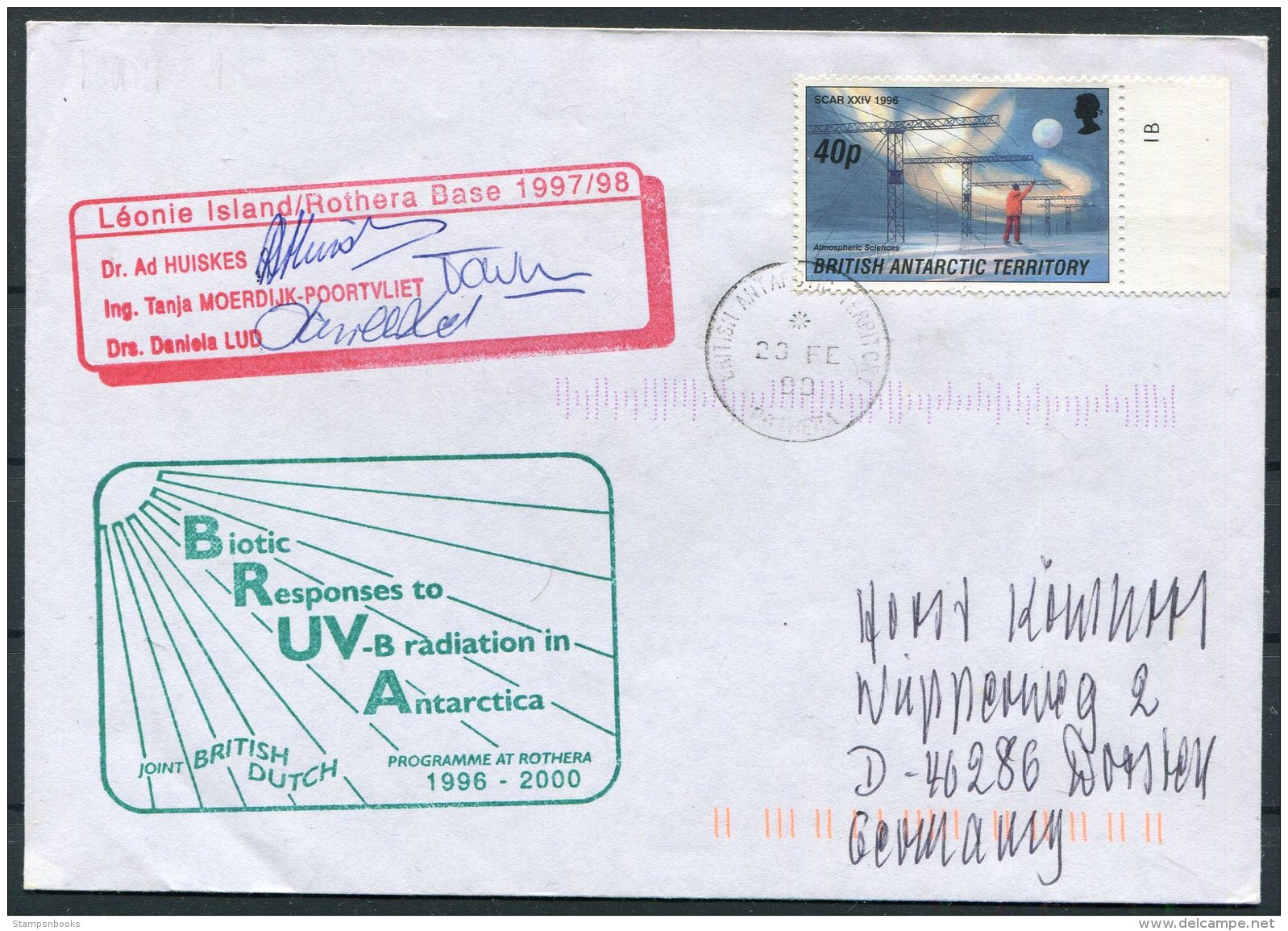 1998 B.A.T. Antarctica Polar Rothera Base Signed Cover. British Dutch Netherlands BAT - Covers & Documents