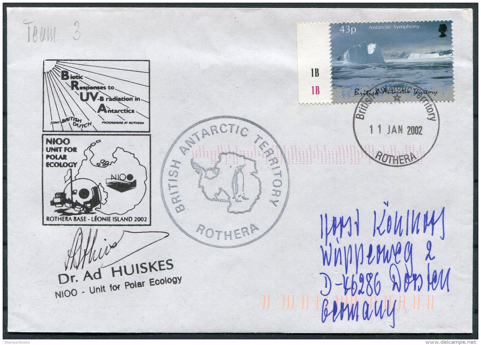 2002 B.A.T. Antarctica Polar Rothera Base Signed Cover. British Dutch Netherlands BAT BRUVA - Brieven En Documenten